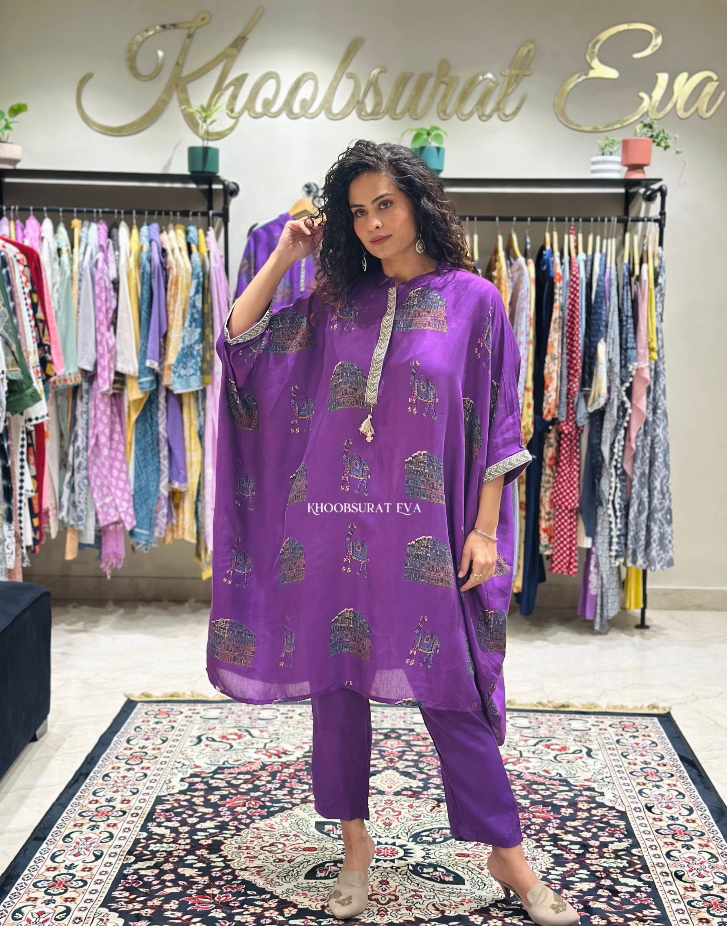 Elegant Purple Kaftan Tunic Set for Women - Boho Chic Loungewear & Beach Cover Up - Perfect for Vacation, Poolside, and Summer Outfits