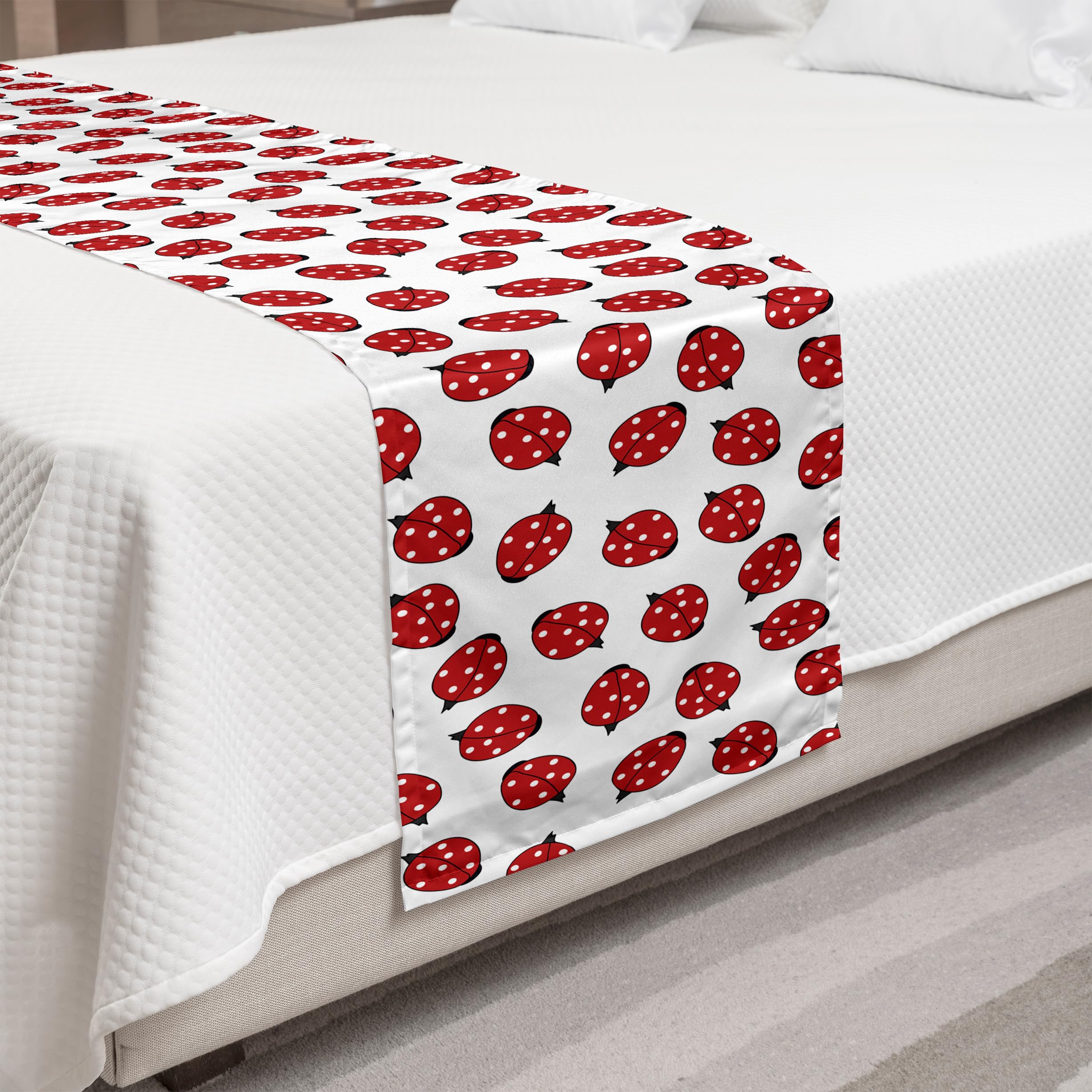 Ambesonne Ladybug Bed Runner - Decorative Queen Size Bed Scarf with Spring Ladybug Dotted Pattern in Vermilion & White | Perfect for Hotels, Homes & Guest Room Decor