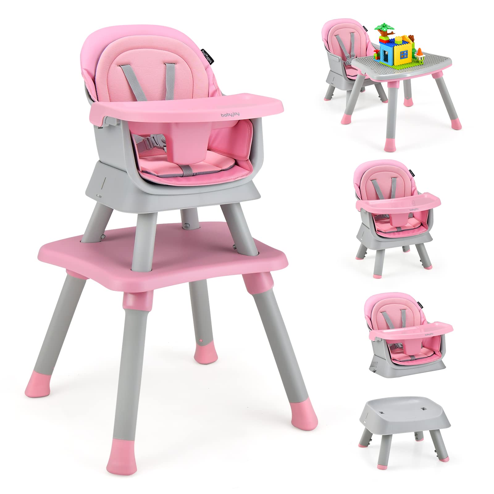 BABY JOY 8-in-1 Convertible Baby High Chair with Safety Harness - Toddler Booster Seat, Table & Chair Set, Building Block Table - Removable Tray (Pink) | Perfect for Feeding, Playtime & Learning Activities at Home