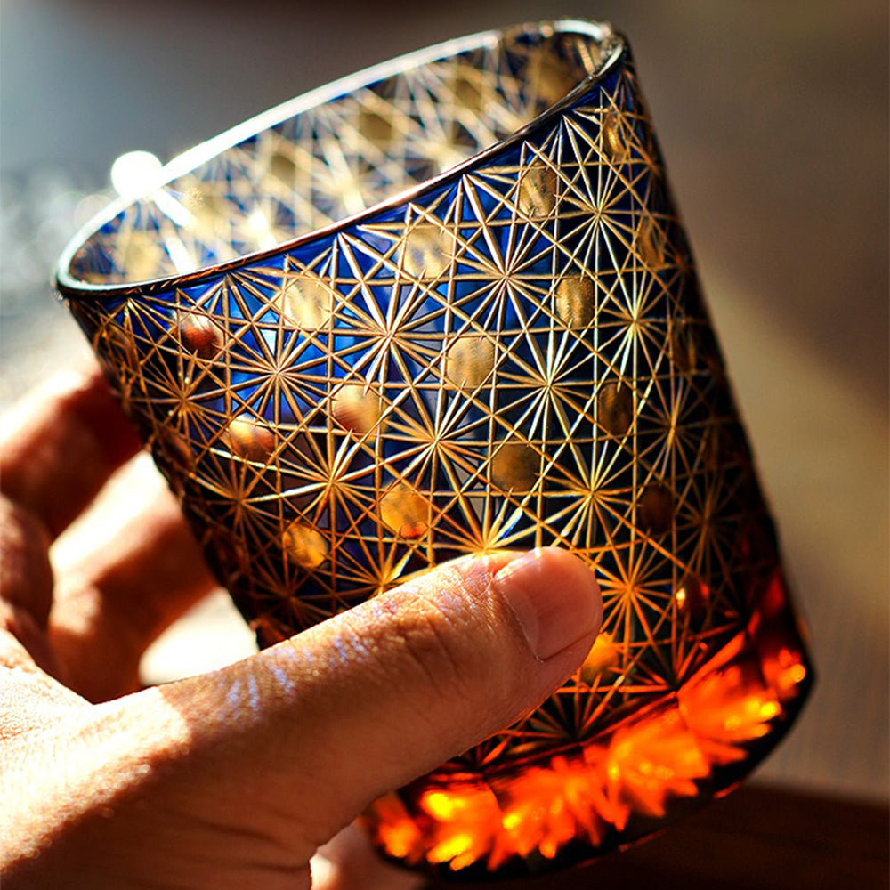 Edo Kiriko Amber Star Chrysanthemum Whiskey Glass - Handcrafted Japanese Cut Crystal Tumbler for Scotch, Bourbon, Tea - Elegant Barware & Gift for Whiskey Lovers