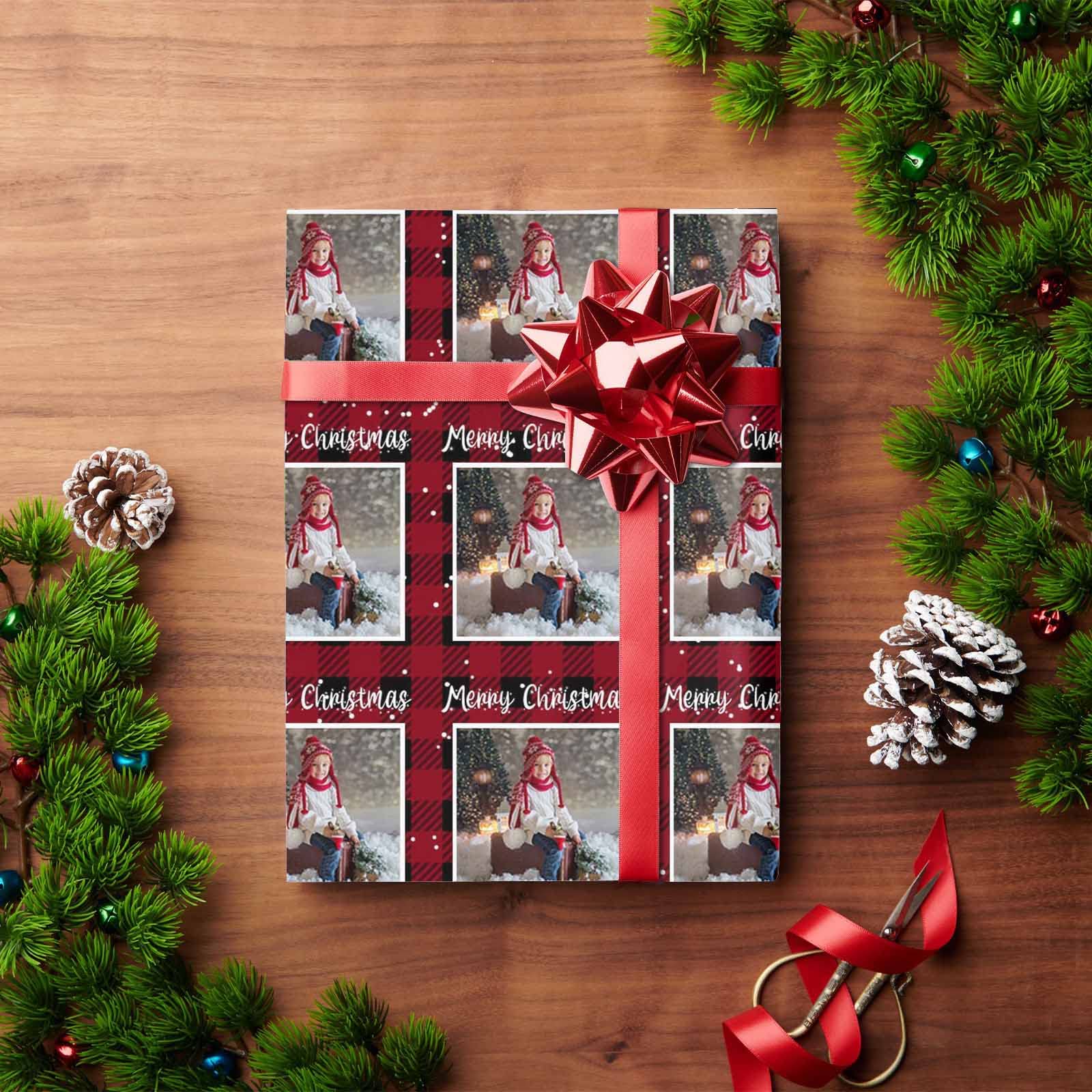 MyPupSocks Custom Photo Wrapping Paper - Personalized Printed Gift Wrap Roll with Christmas Plaid Design for Birthday, Wedding & Holiday Presents (5 Rolls) - Perfect for Grandma, Grandpa & Friends Gifts