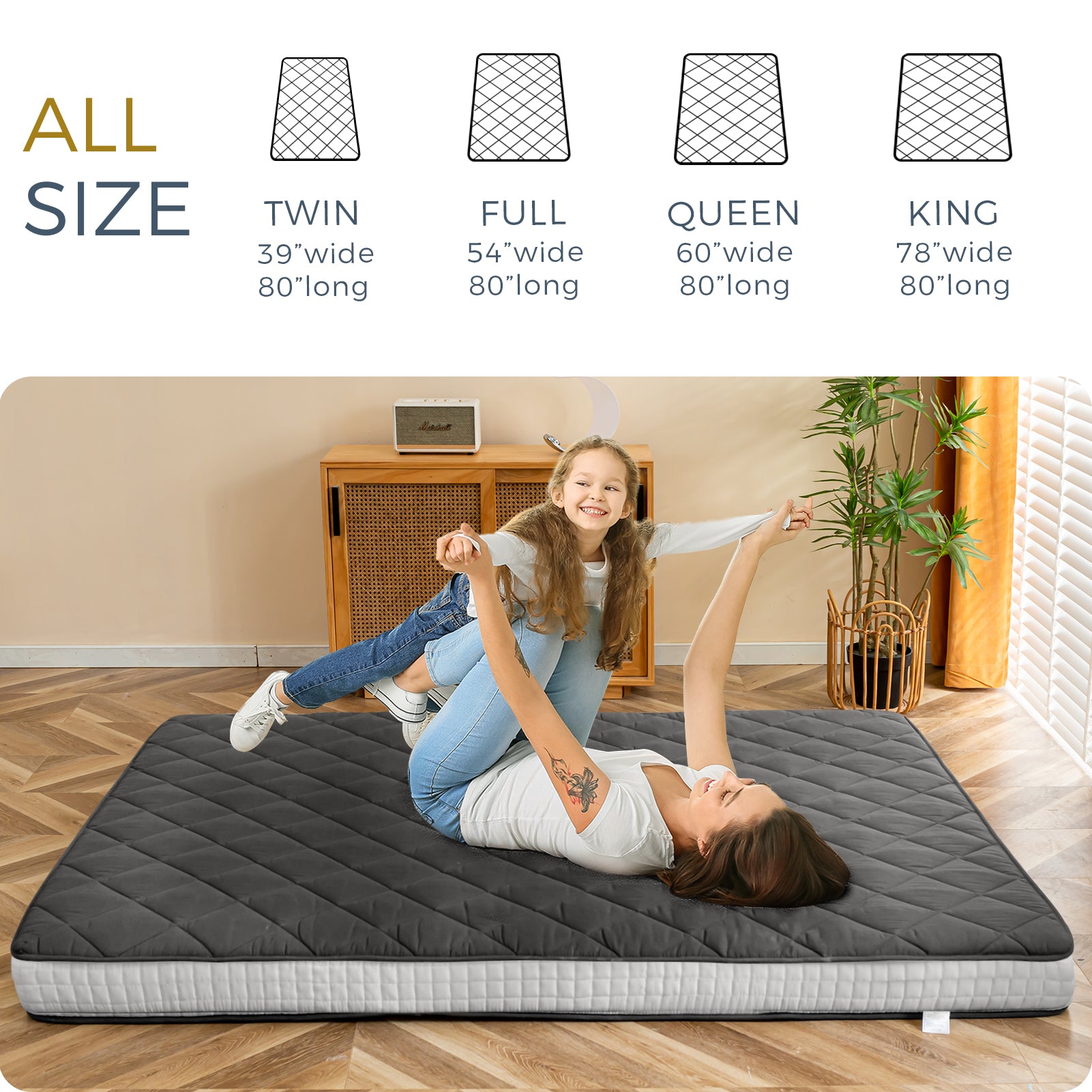 MAXYOYO 6-Inch Extra Thick Floor Futon Mattress with Diamond Quilting - Dark Grey - Foldable Guest Bed for Small Spaces, Dorm Room, or Camping