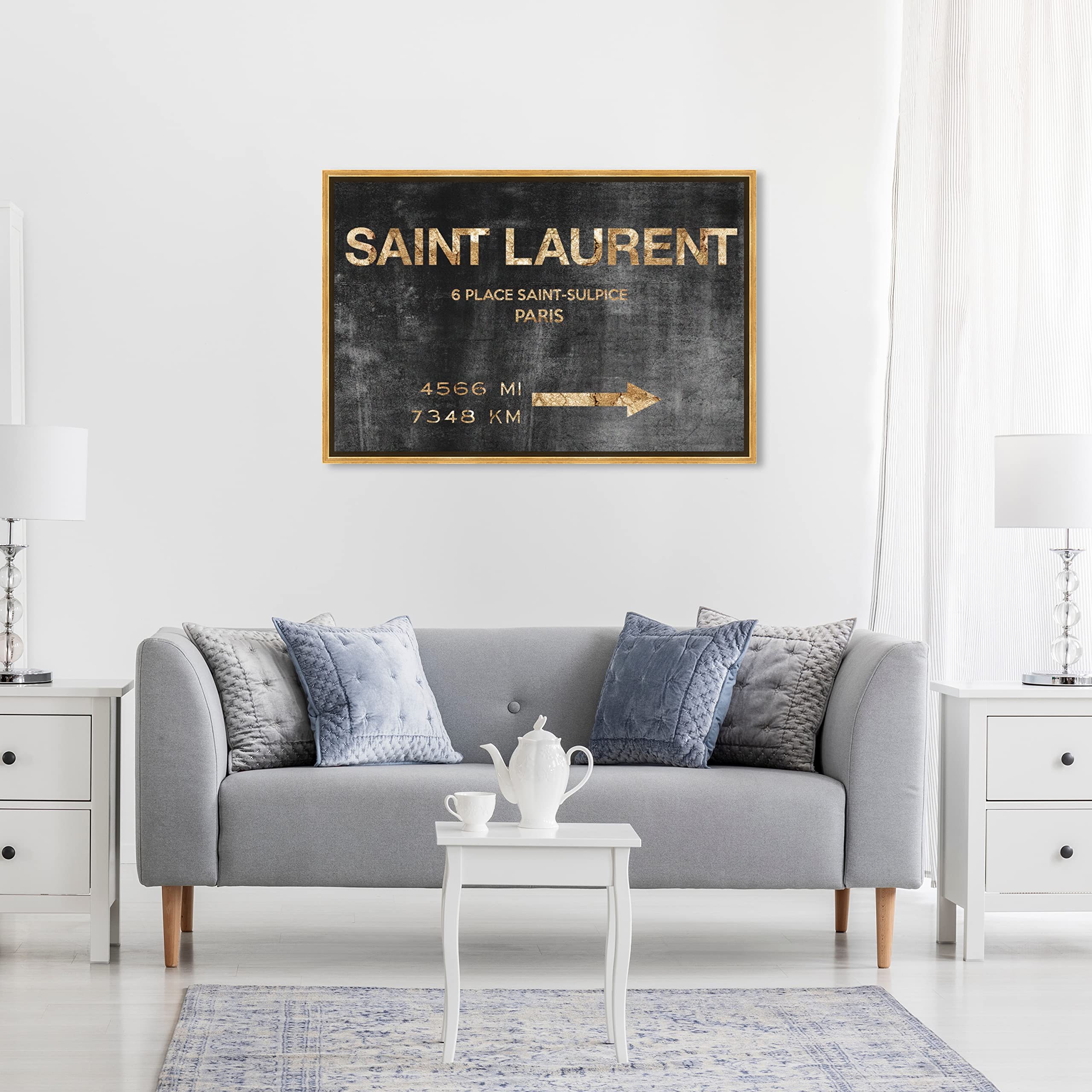 Oliver Gal Modern Canvas Wall Art - Saint Sulpice Road Sign Black & Gold Framed Painting (21.5x31.5 Inch) - Ready to Hang Home Decor for Bedroom, Living Room & Office - Fashion & Glam Wall Art for Contemporary Interior Design
