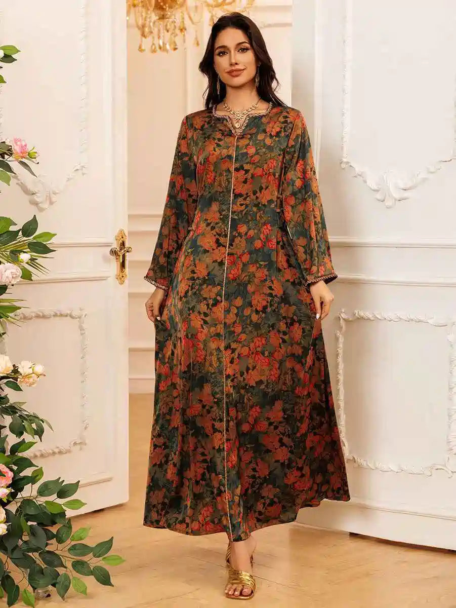 Elegant Eid Printed Hotfix Rhinestone Caftan Dress for Women - Perfect for Celebrations, Parties & Special Occasions | Stunning Embellished Kaftan for Festive Events & Holiday Gatherings