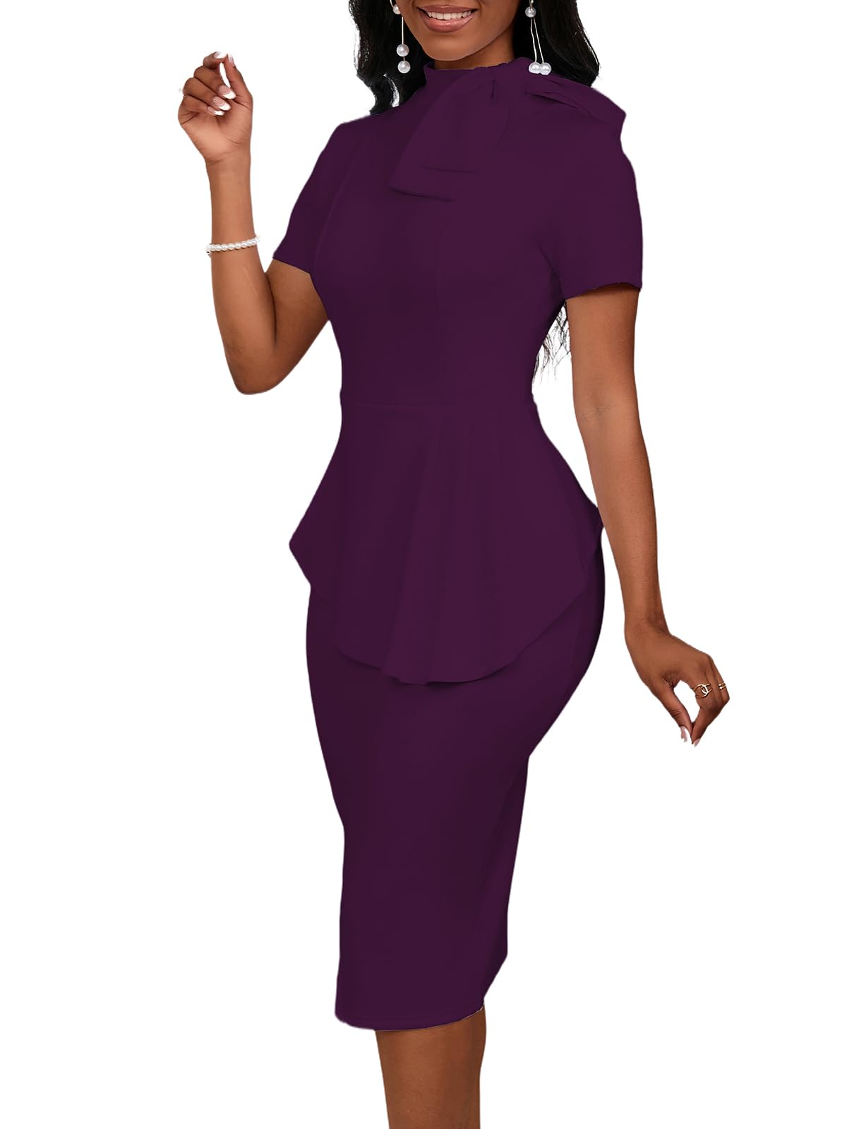 Elegant Women's Formal Bodycon Peplum Cocktail Dress with Short Sleeve Bow Ruffle - Perfect for Parties, Weddings & Evening Events | Slim Fit Pencil Midi Dress for Special Occasions