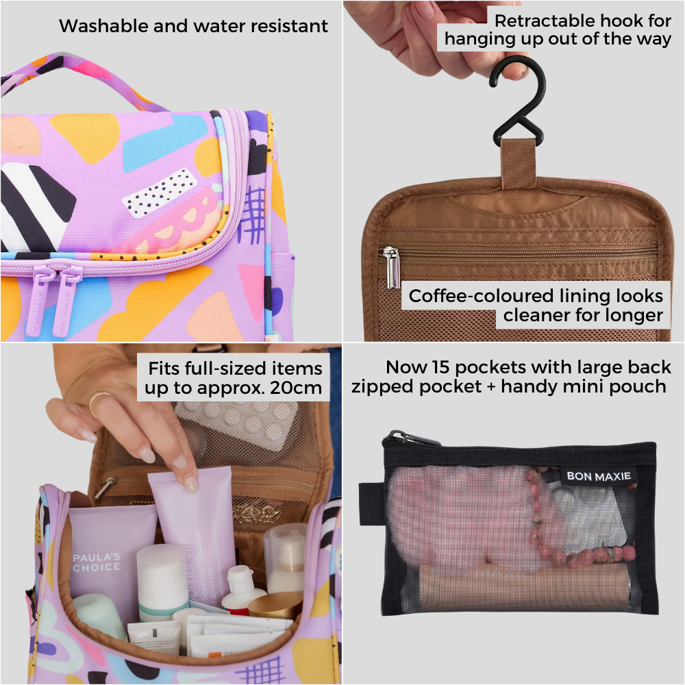 Bon Voyage Travel Toiletry Bag - Waterproof Cosmetic Organizer with Hanging Hook, Neon Pink/Tan Floral Design - Perfect for Vacation, Business Trips & Gym Essentials