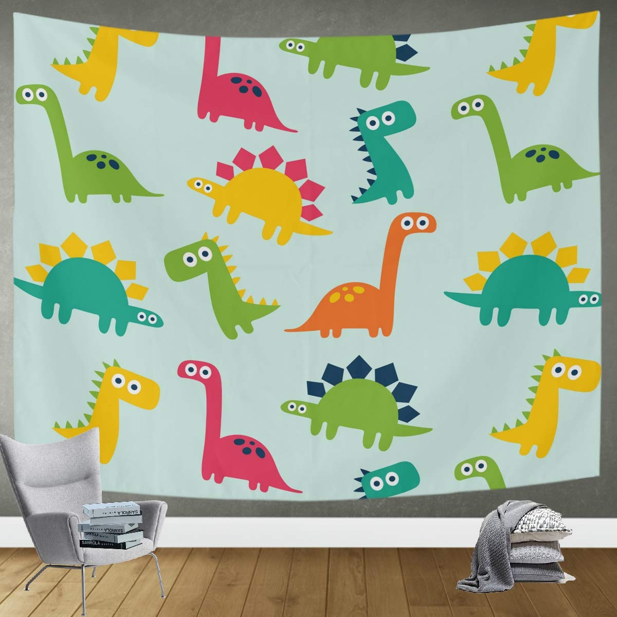 DOMIKING Funny Dinos Tapestry Wall Hanging - 60x51in Decorative Wall Blanket for Bedroom, Living Room & Office Decor | Dinosaur Themed Home Accessories for Teens & Adults