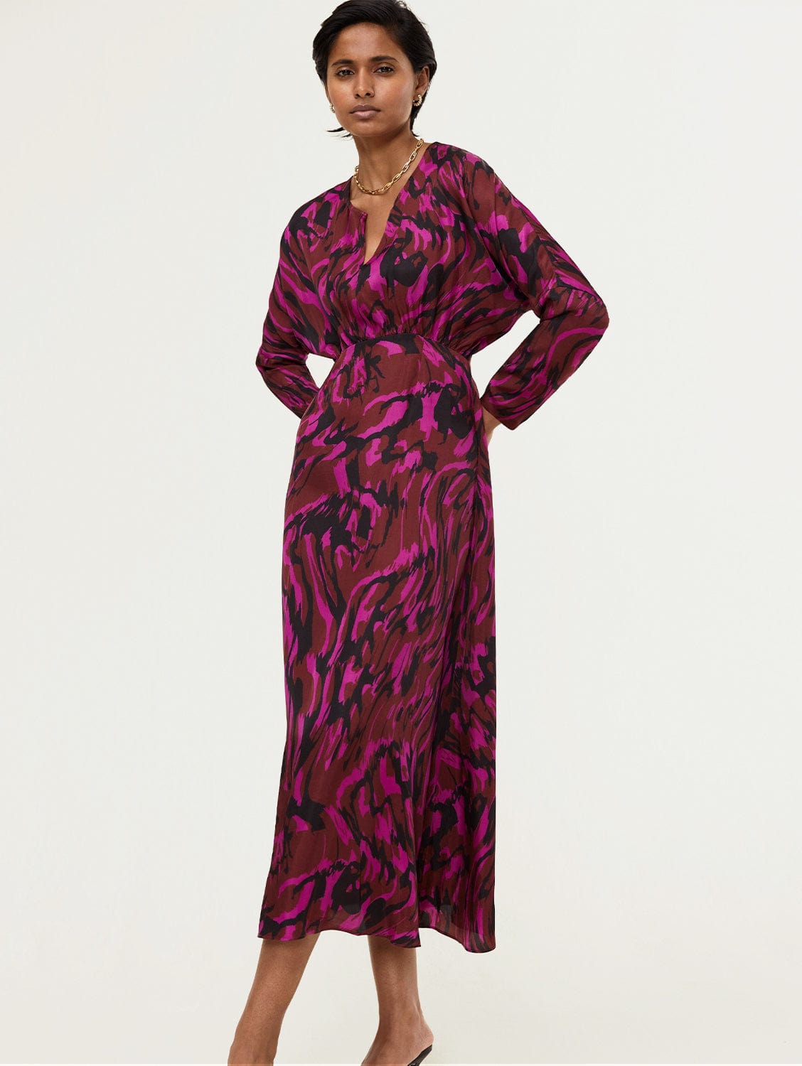 Ekaterina Women's Viscose Satin Dress - Flowy Magenta Swirl Print Midi Dress for Party, Wedding & Special Occasions