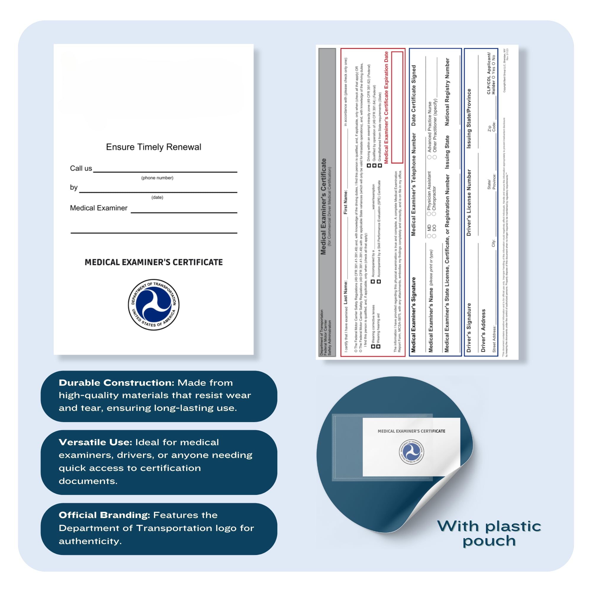 DOT FMCSA Medical Examiner Certificate Laminated Cards - 20/40/60/100 Pack (MCSA-5876) | Commercial Driver Medical Wallet Cards | Perfect for Truckers, Bus Drivers & CDL Holders