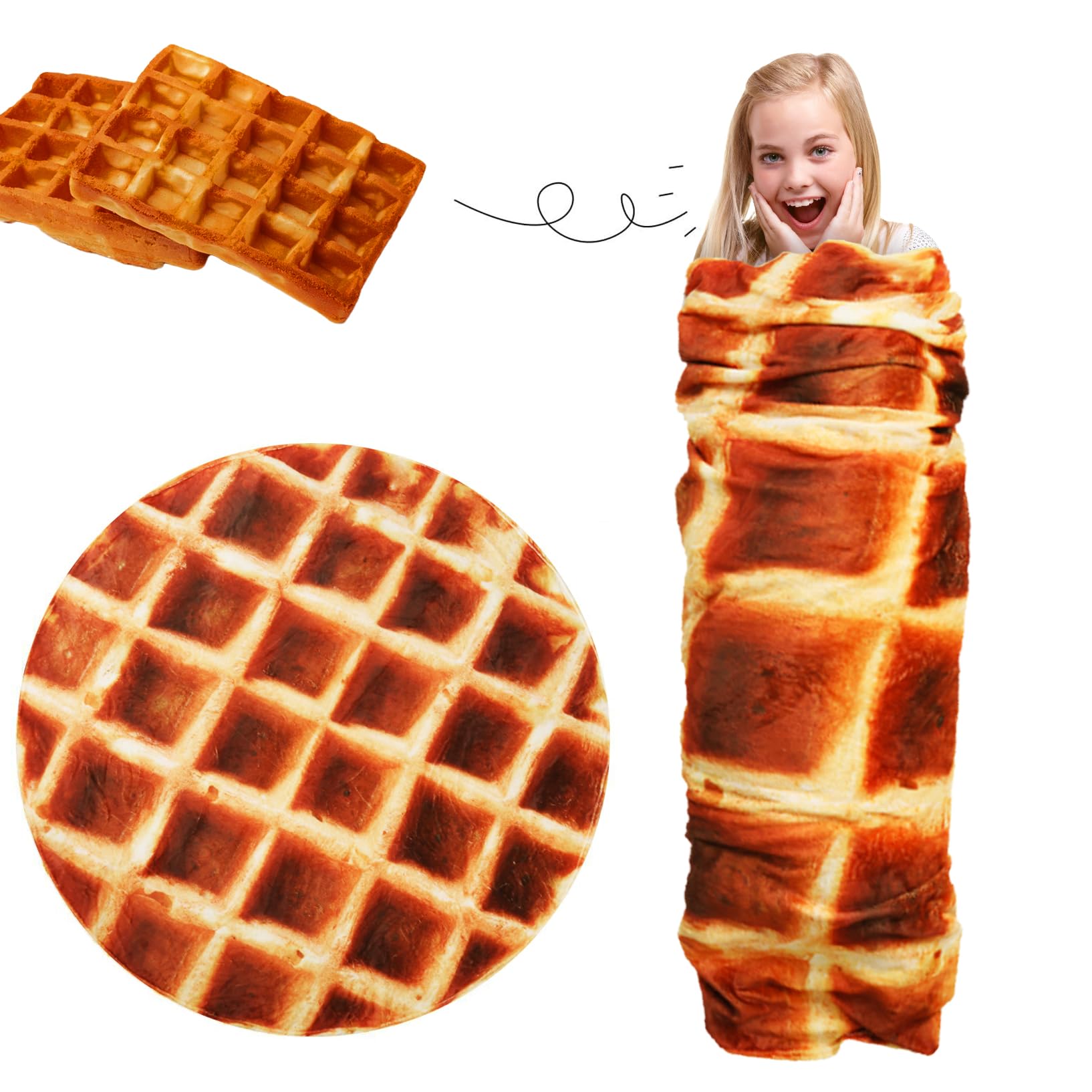 60 Inch Round Waffle Blanket for Teens & Kids - Soft Flannel Funny Food Themed Throw Blanket - Warm Cozy Gift for Bed, Office, Travel - Perfect for Sleepovers, Movie Nights & Road Trips