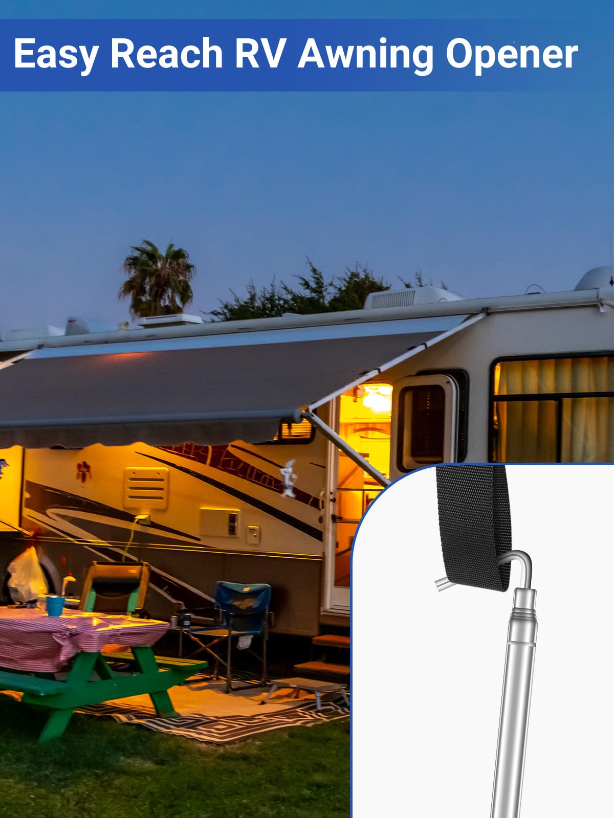 RV Awning Puller - Easy Reach Telescopic Retractable Opener Pole, Portable Canopy Accessories, Stainless Steel (2 Pack) - Perfect for Camping, Travel & Outdoor Adventures