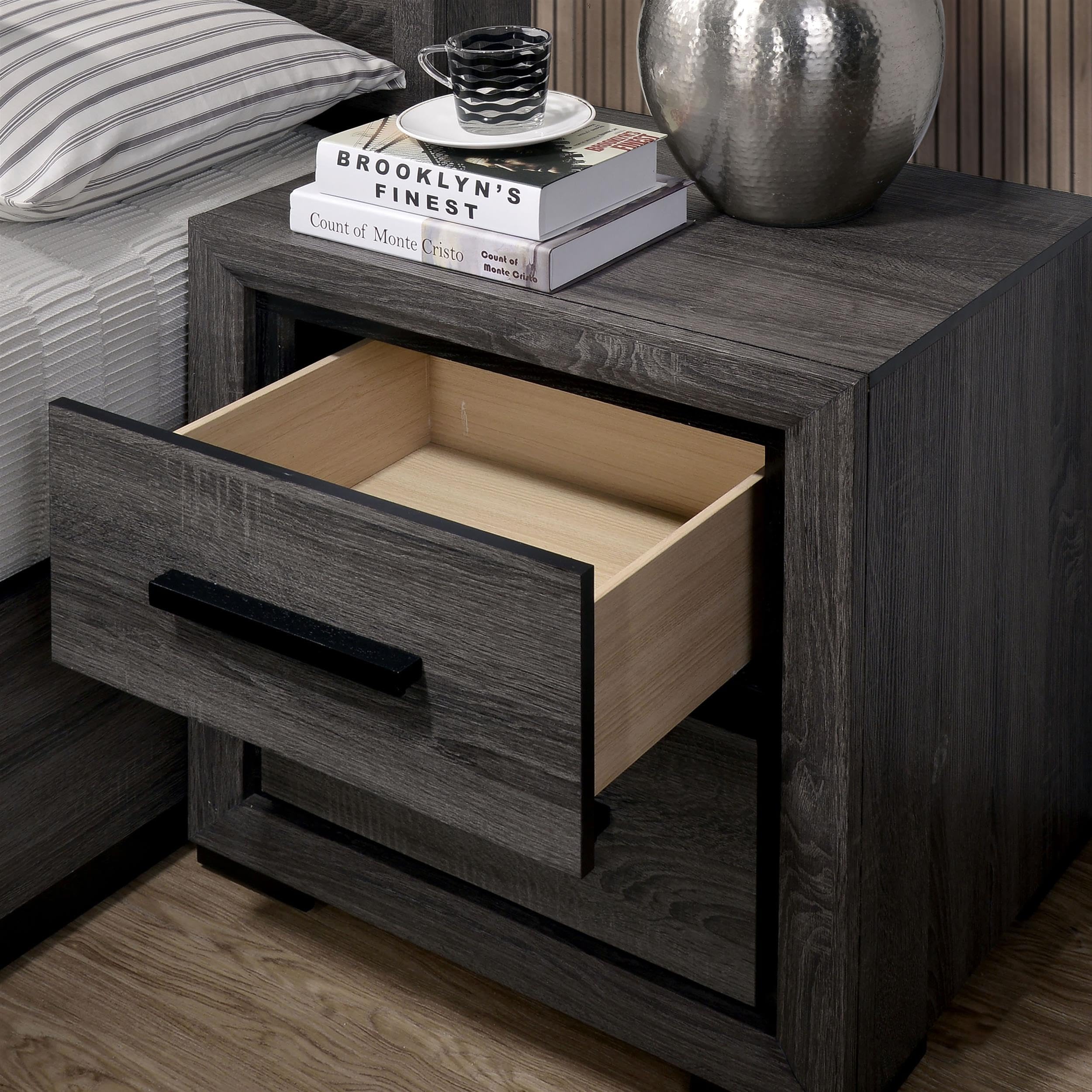 Furniture of America FOA Drummond 3-Piece Gray Wood Panel Bedroom Set - King Size Bed with 2 Nightstands | Modern Bedroom Furniture for Master Suite & Guest Room