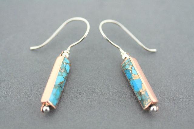Stylish Rectangle Copper & Silver Earrings with Bronzed Turquoise - Perfect for Boho, Casual & Evening Wear