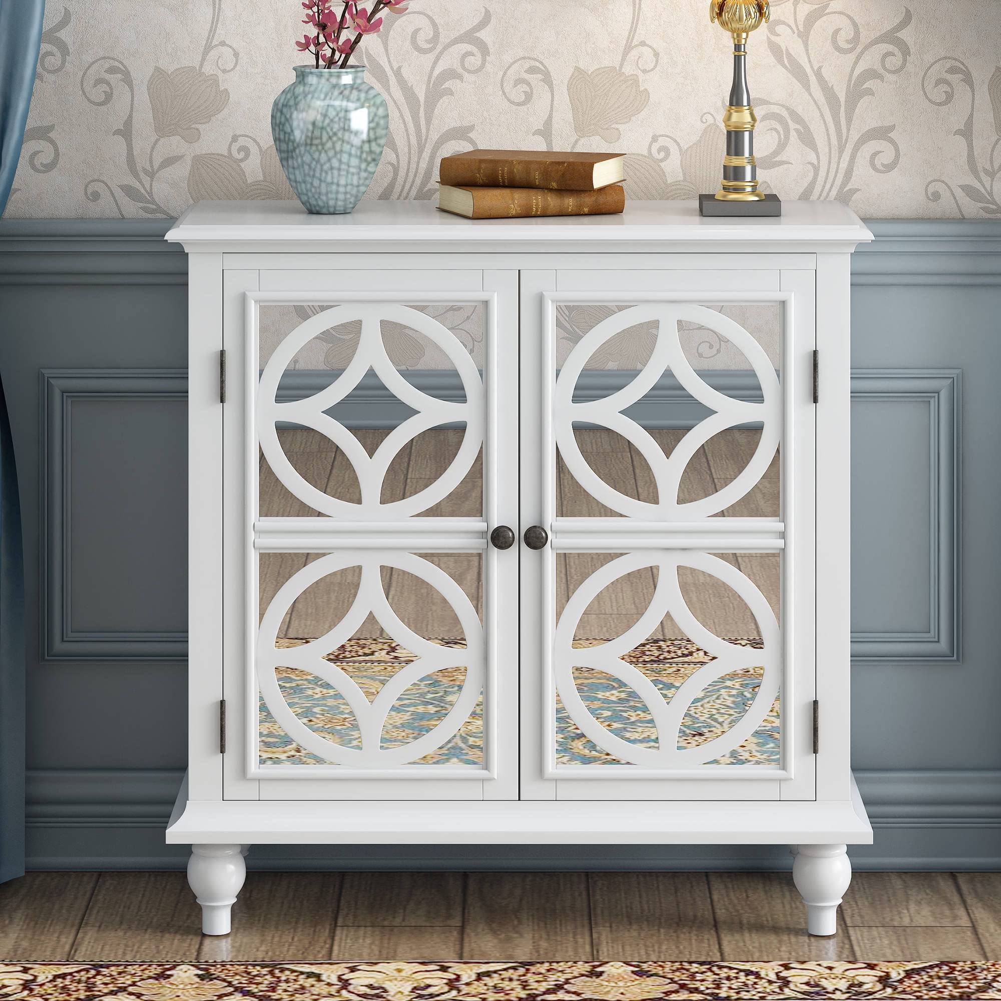 Modern Vintage White Wood Sideboard Storage Cabinet with Mirror Doors & Adjustable Shelf - Farmhouse Entryway Console Table, Accent Buffet for Living Room, Coffee Bar Cupboard | Perfect for Home Decor, Dining Room Storage & Entryway Organization