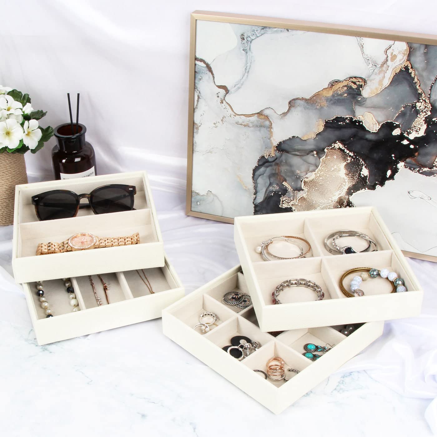 Stackable Jewelry Storage Trays for Drawer - Earring Ring Necklace Organizer - MK220-2ABCD - Perfect for Bedroom Dresser & Vanity
