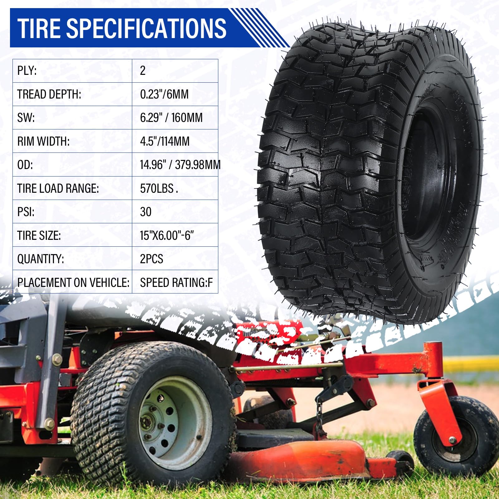 2Pcs 15x6.00-6 Tubeless Lawn Mower Tires - Heavy Duty Garden Turf Tractor Tires with 2 PR Rating - Perfect for Lawn Care, Landscaping & Yard Maintenance
