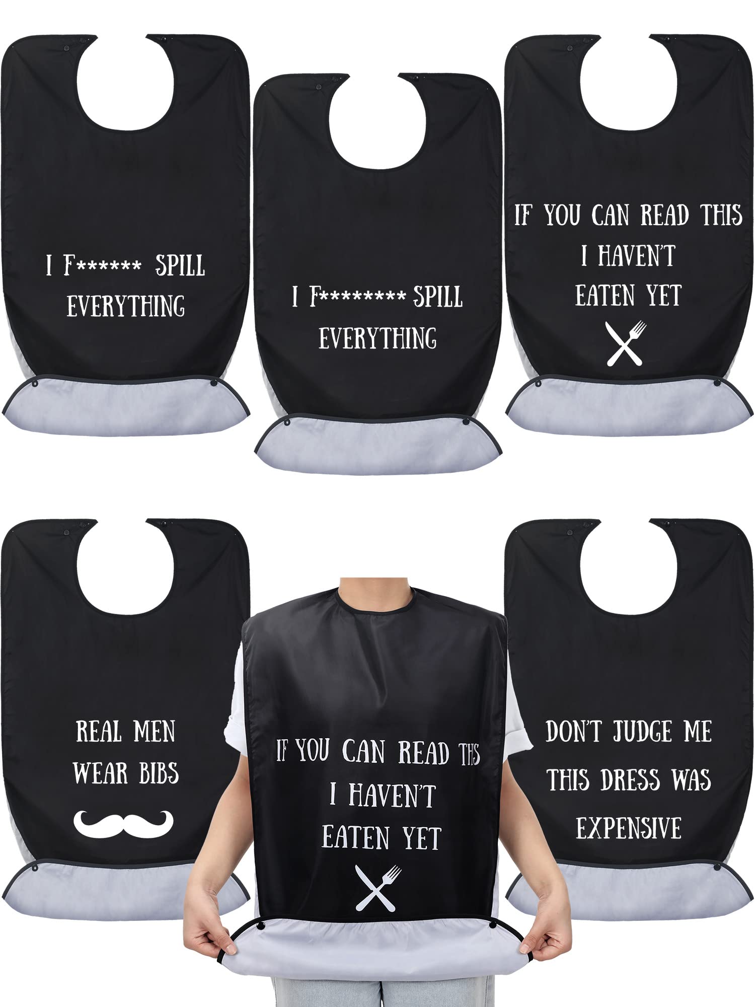 5 Pack Funny Adult Bibs - Reusable Washable Dining Clothes Protector for Elderly & Adults with Crumb Catcher Pocket - Great Gag Gift for Parties & Senior Care (Ideal for Mealtime, Dementia Patients & Messy Eaters)