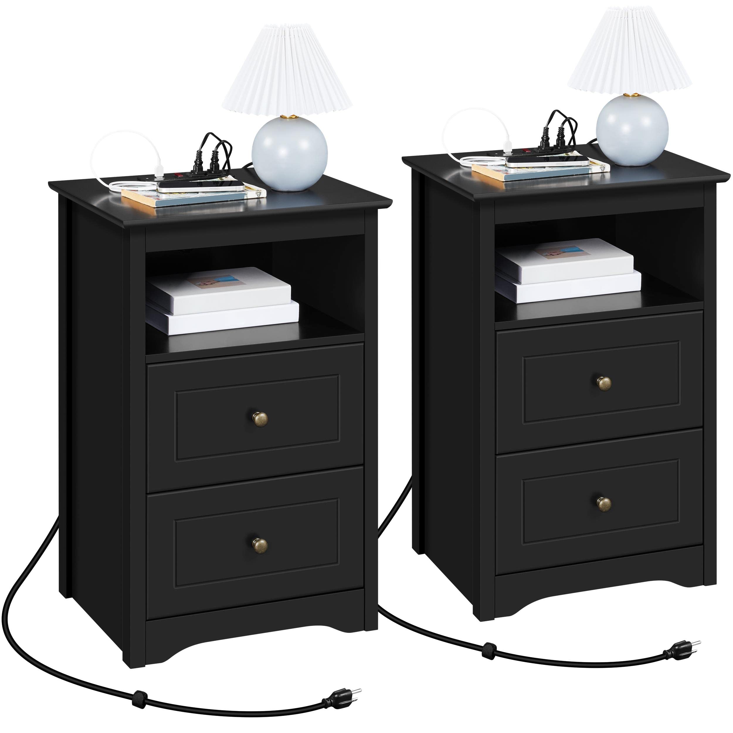 Yaheetech 29-inch Black Wooden Nightstand Set of 2 with Charging Station - Bedside Tables with 2 Drawers, USB Ports & Outlets for Bedroom - Perfect for Modern Homes, Guest Rooms & Small Spaces