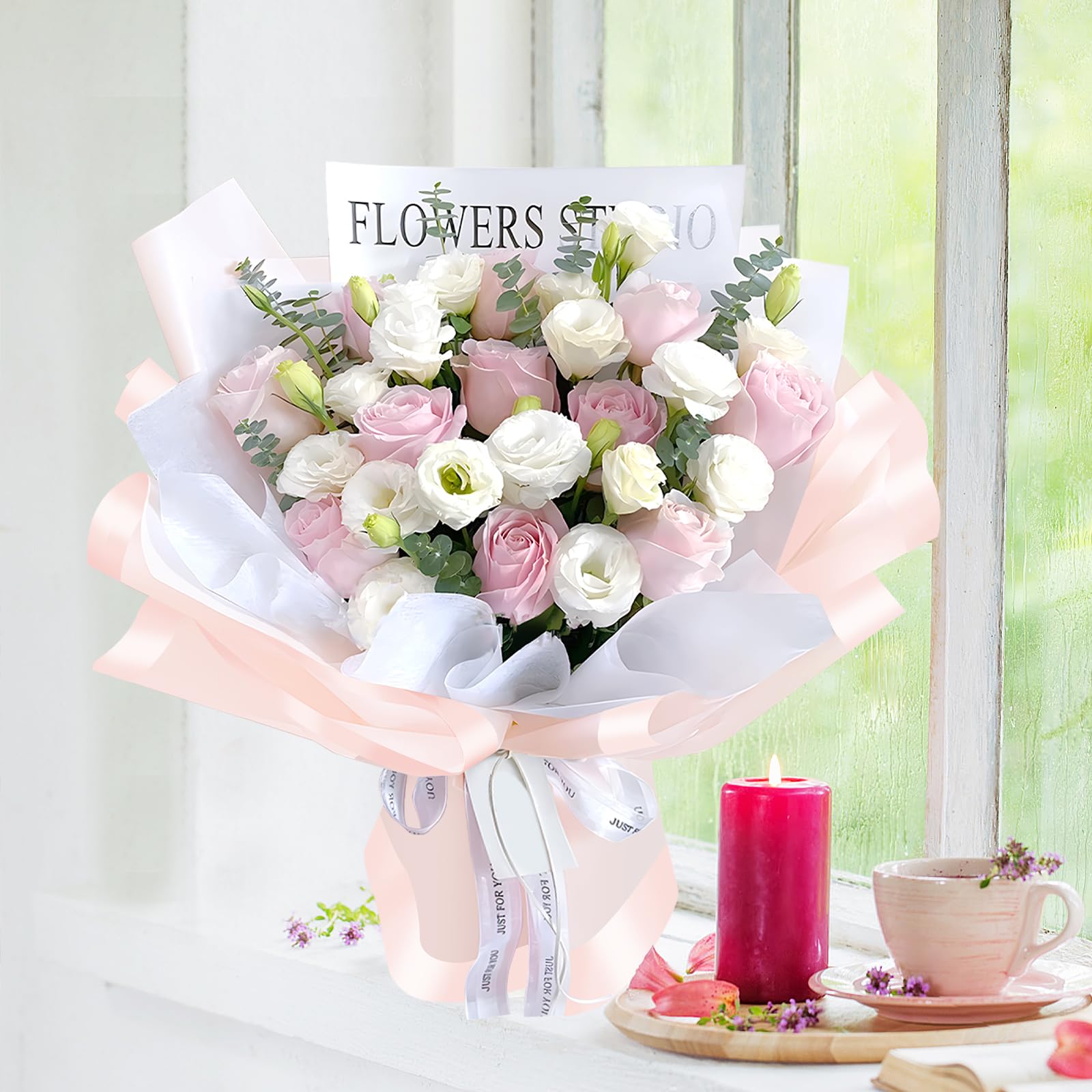 Premium 20 Sheets Flower Bouquet Wrapping Paper Set - Pearlescent Edge Floral Wrap with Ribbons, Waterproof Gift Wrapping Paper for Florist Supplies, 22.8