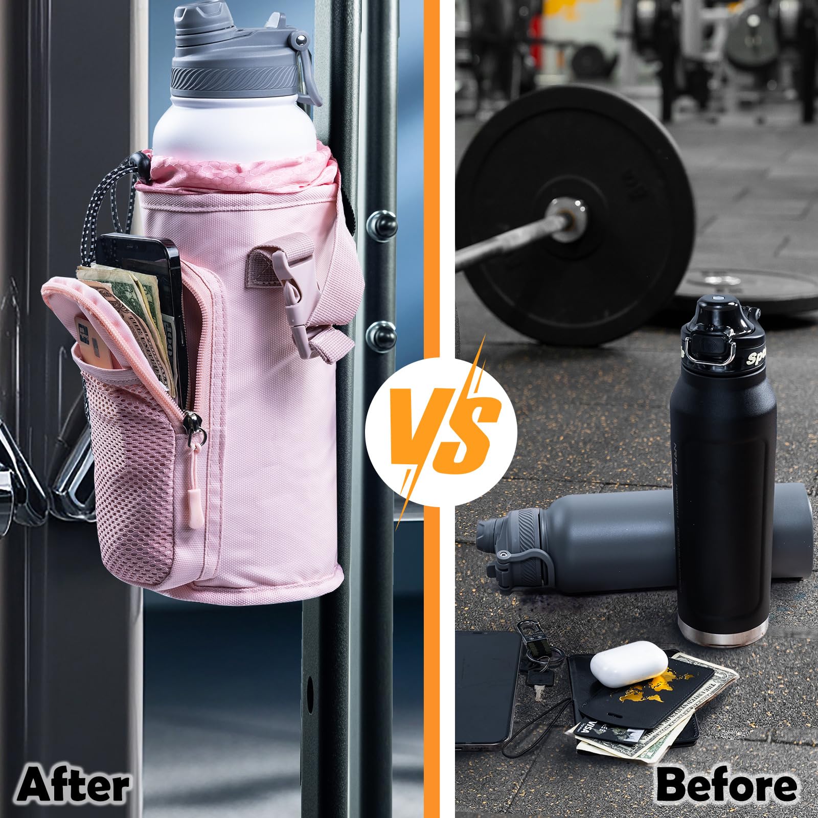 Magnetic Gym Bottle Holder with Phone Pocket - Adjustable Water Bottle Sling Bag for Running, Hiking & Workout - Hands-Free Essentials for Fitness Enthusiasts