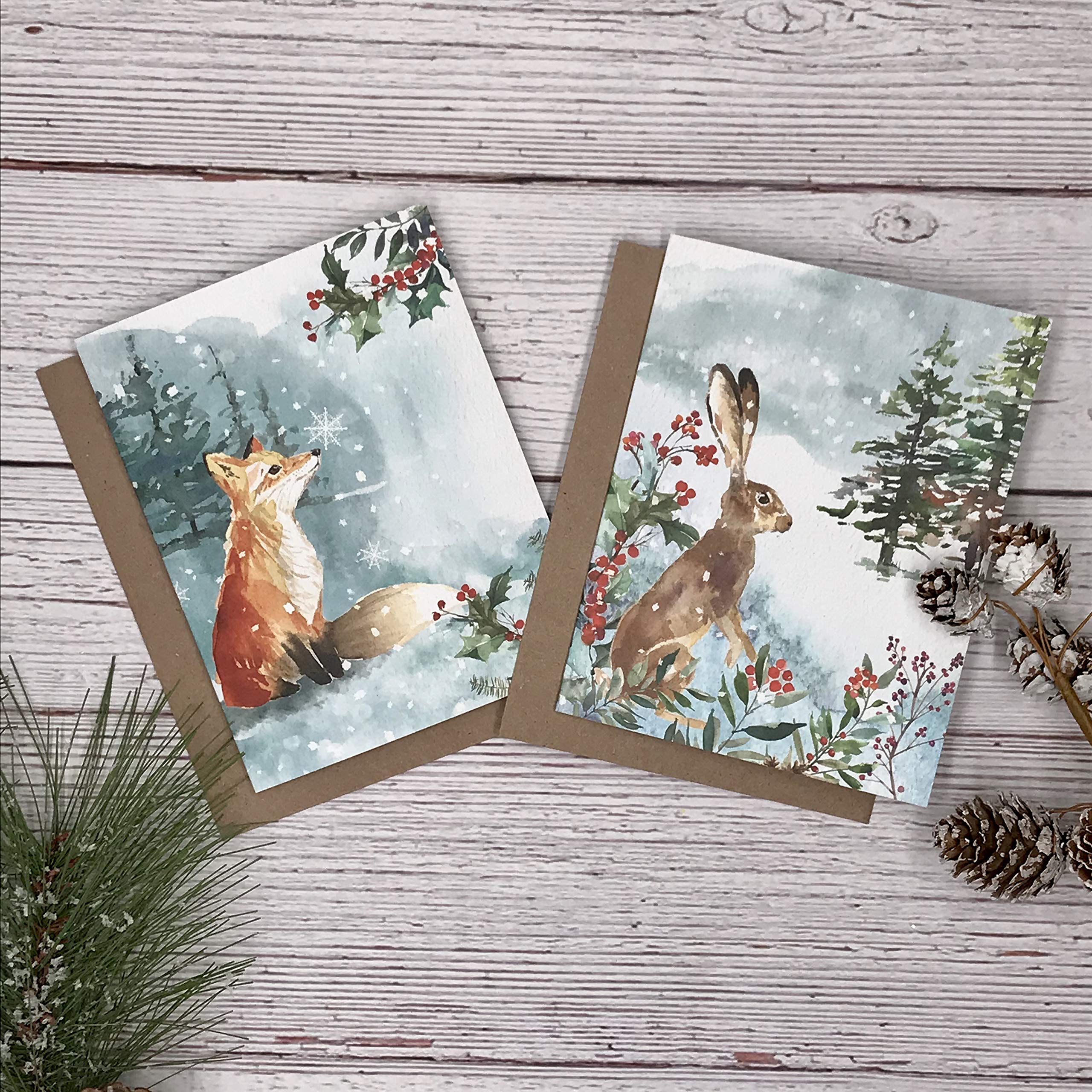 Premium Watercolor Winter Woodland Animal Note Card Set - Fox & Hare Holiday Christmas Cards - Luxury Gift for Friends, Family & Coworkers - Perfect for Holiday Greetings, Thank You Notes & Seasonal Wishes
