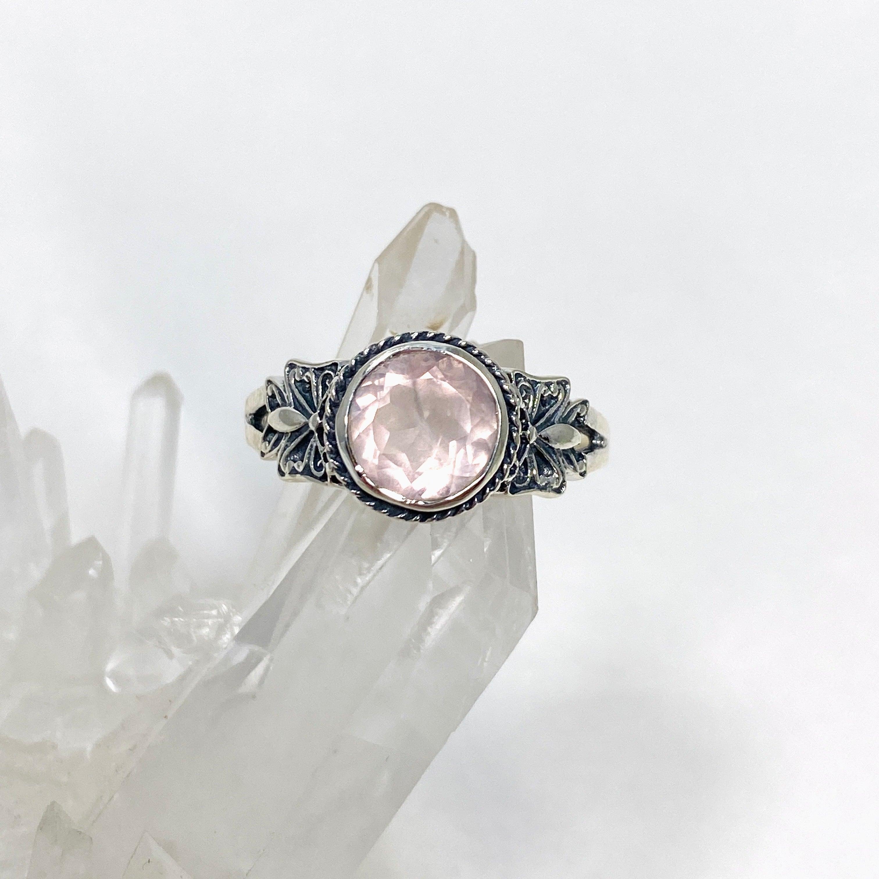 Rose Quartz Faceted Round Ring in Decorative Setting R3671 - Elegant Healing Crystal Jewelry for Women, Perfect for Meditation, Gifts & Spiritual Healing