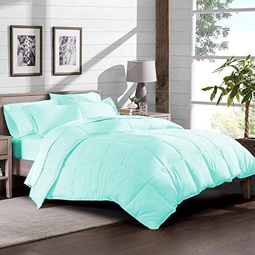 Premium 600-Thread Count Egyptian Cotton 6-Piece Bedding Set - Twin Size Aqua Blue (Comforter, Duvet Cover, Flat Sheet, 16