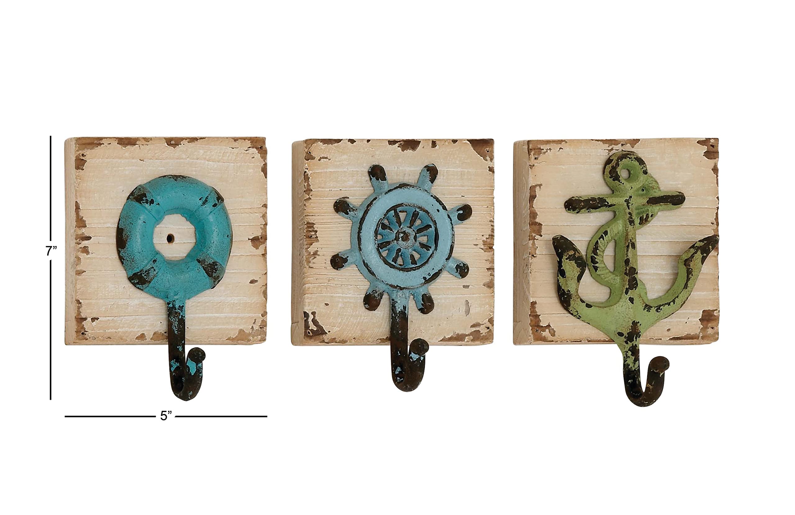 Deco 79 55487 Set of 3 Rustic Wood and Metal Wall Hooks - Heavy Duty Coat Hangers for Entryway, Bedroom & Bathroom Organization