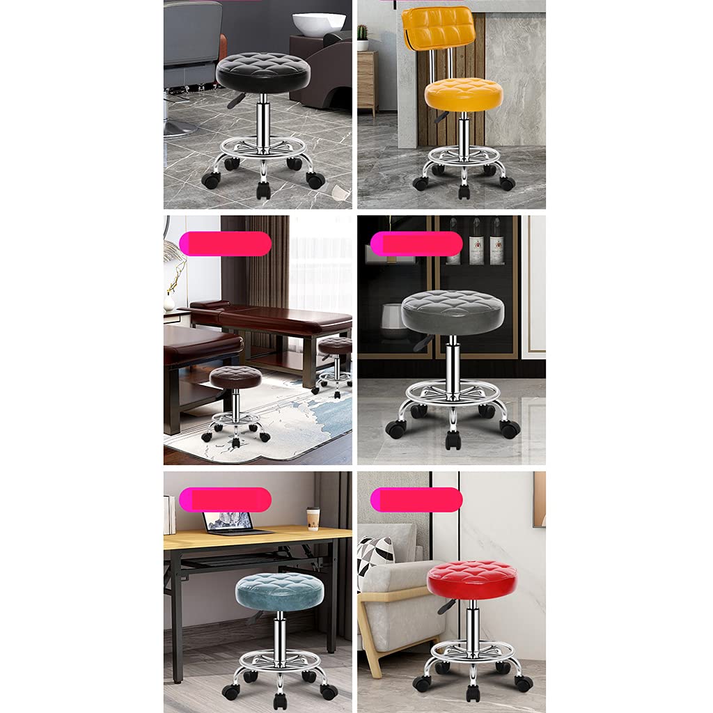 Premium PU Leather Round Rolling Stool with Wheels - Adjustable Swivel Massage Salon Stool with Wider Seat & Footrest - Ergonomic Office Chair, Drafting Stool & Hairdressing Stool for Salon, Spa, Home Office & Beauty Shop (Grey)
