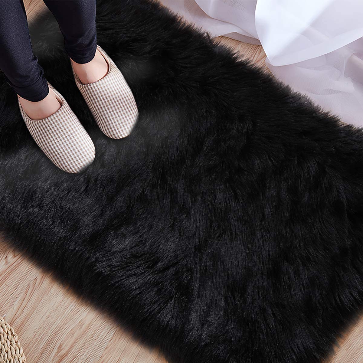 Luxury Soft Black Faux Fur Area Rug 3x5 Feet - Plush Shag Carpet for Bedroom & Living Room - Cozy Home Decor for Winter, Perfect for Floor Seating and Nursery