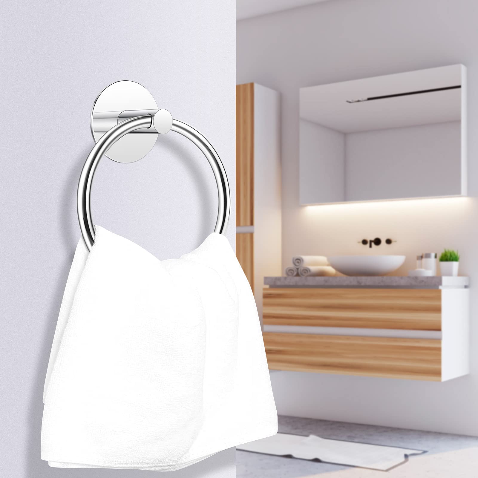 No Drill 3M Self-Adhesive Towel Ring - Heavy Duty Nail-Free Stainless Steel Towel Holder for Bathroom & Kitchen - Chrome Finish - Perfect for Small Spaces, Apartments, RVs and Dorm Rooms