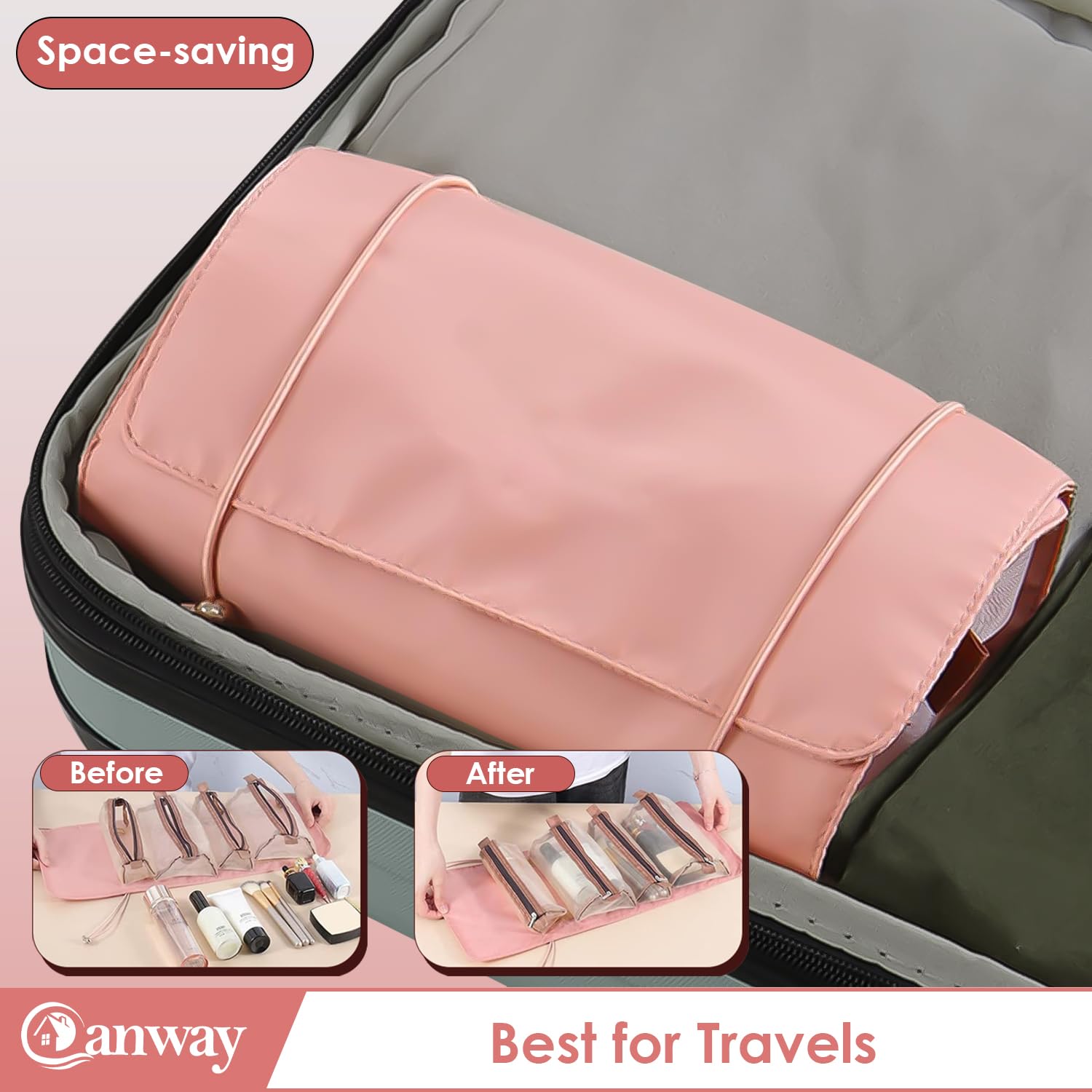 CANWAY® 4-in-1 Foldable Hanging Cosmetic Organizer - Travel Toiletry Bag for Women, Pink | Perfect for Bathroom Storage, Makeup Organization & Suitcase Packing
