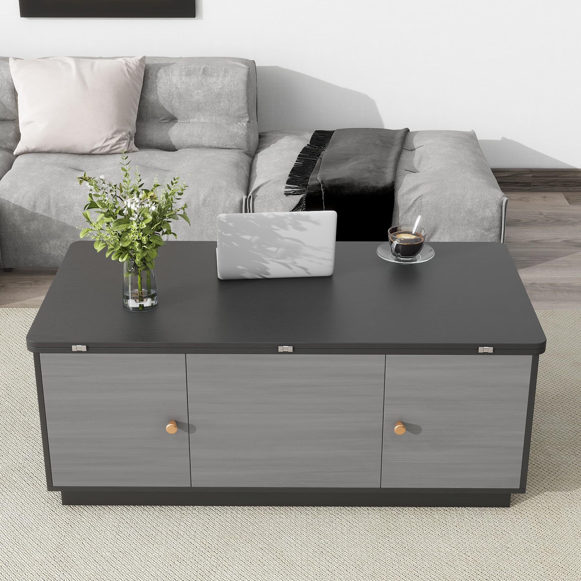 Modern Lift-Top Coffee Table with Storage Compartments & Hidden Cabinet - Convertible Dining Table, Rectangle Cocktail Center Table for Living Room & Office - Dark Grey - Perfect for Small Spaces, Entertaining Guests, and Multifunctional Home Use