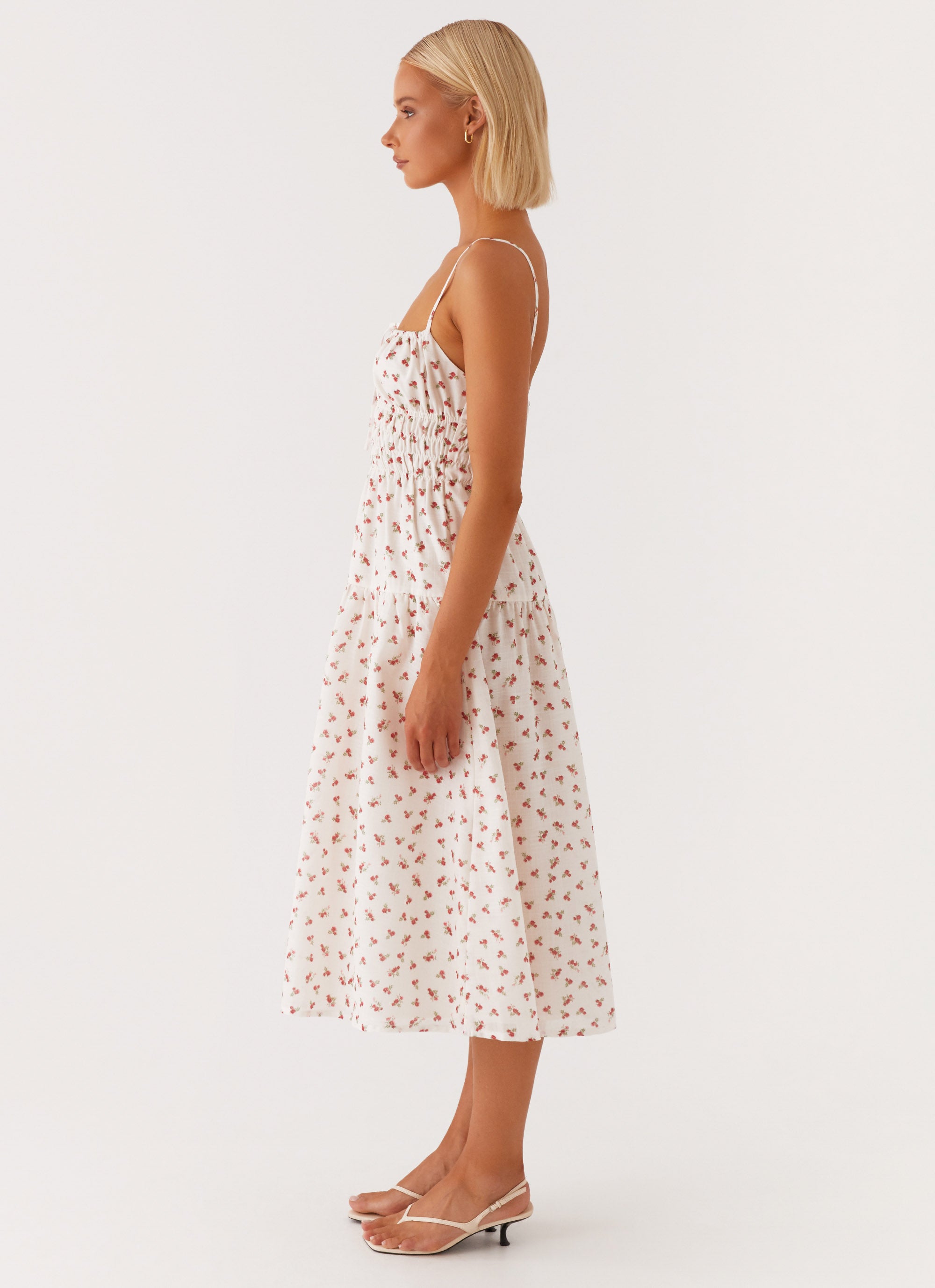 Arla Midi Dress - Red Ditsy Floral Print Summer Dress for Women | Casual & Party Wear | Perfect for Beach, Brunch, and Date Nights