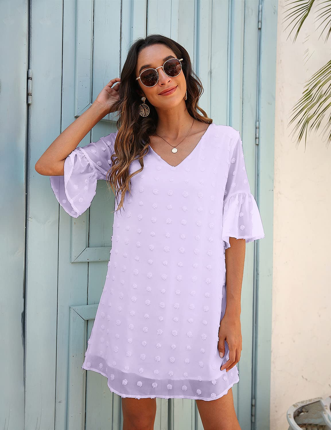 Blooming Jelly Women's White Short Sleeve V-Neck Ruffle Chiffon Flowy Shift Mini Sun Dress - Perfect for Summer Outings, Beach Vacations & Casual Date Nights