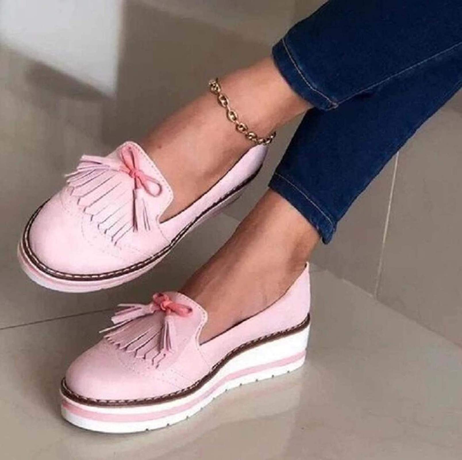 Women's Leather Wedge Platform Sandals with Tassel - Closed Toe Retro Round Toe Flat Shoes - Comfortable & Fashionable for Summer, Beach, Party & Casual Wear - Blue, Size 41