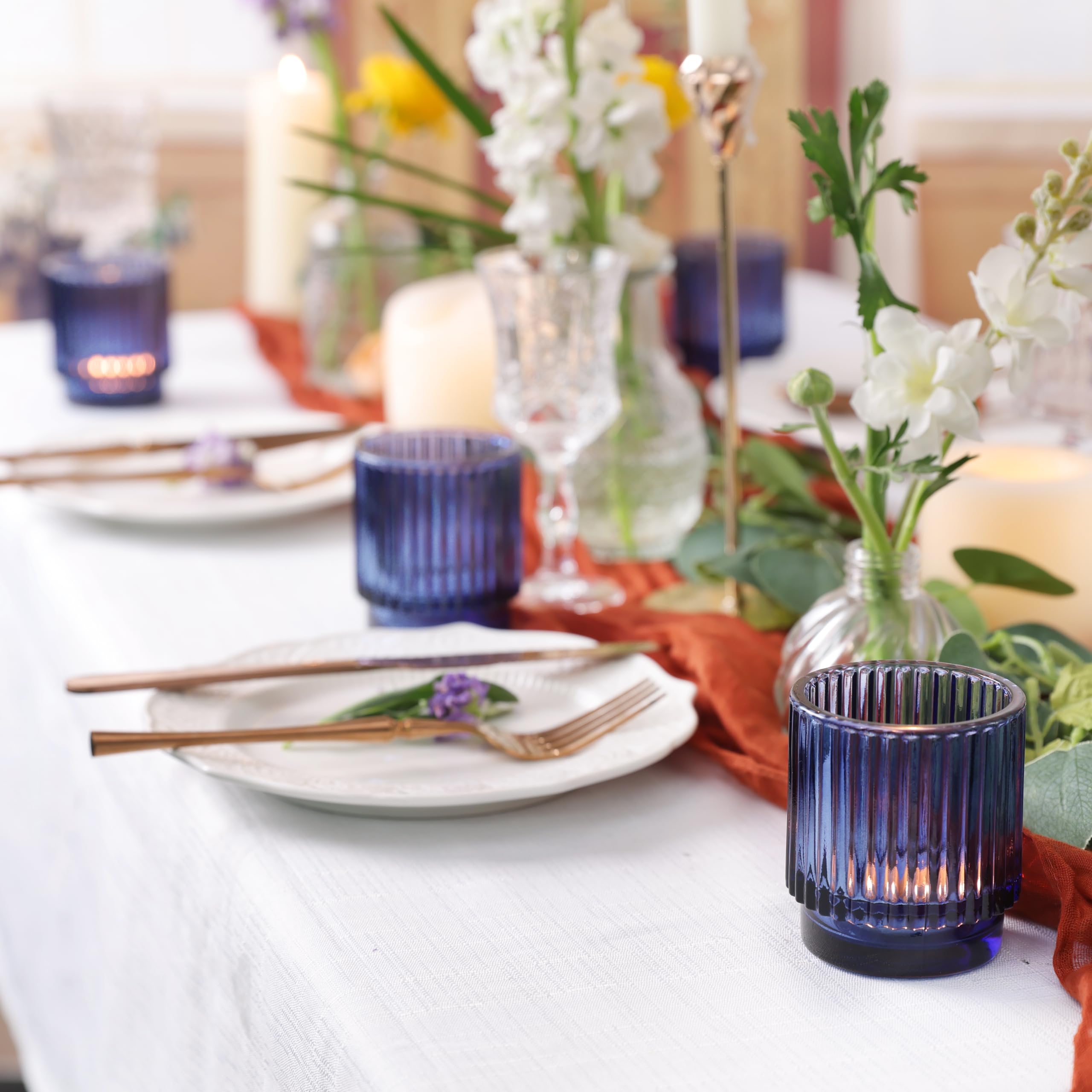8-Piece Blue Glass Votive Candle Holders Set - Ribbed Tealight Holders for Wedding Centerpieces & Table Decorations, Navy Blue Party Decor, Perfect for Weddings, Dinner Parties, and Romantic Home Ambiance