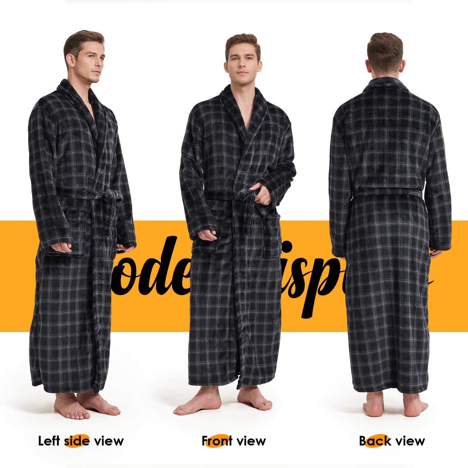 **Men's Fleece Plush Bathrobe - Full Length Big & Tall Shawl Collar Plaid Robe for Men - Soft & Cozy Loungewear for Spa, Home Relaxation & Winter Comfort**