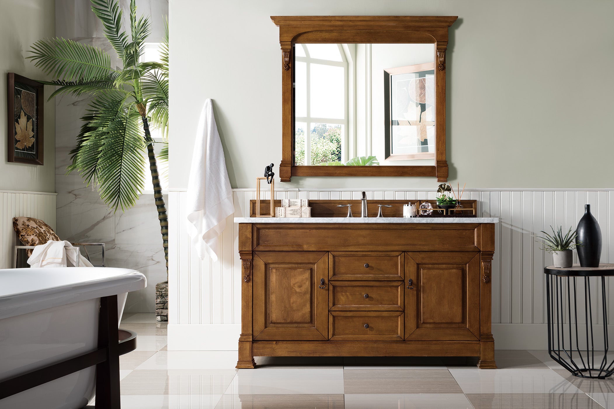 Brookfield 60 Inch Single Bathroom Vanity with Country Oak Finish & 3CM Carrara Marble Top - Perfect for Modern Farmhouse & Rustic Bathroom Designs
