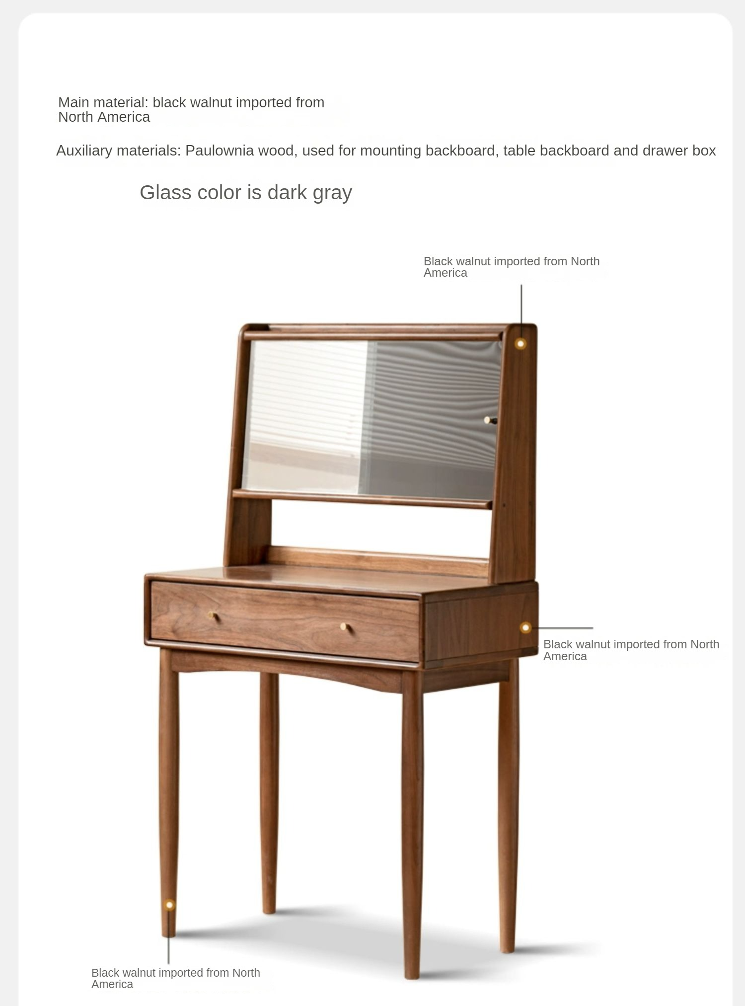 Solid Black Walnut Wood Mirror Dressing Table with Storage | Makeup Vanity Desk for Bedroom | Elegant Bedroom Furniture & Cosmetics Organizer