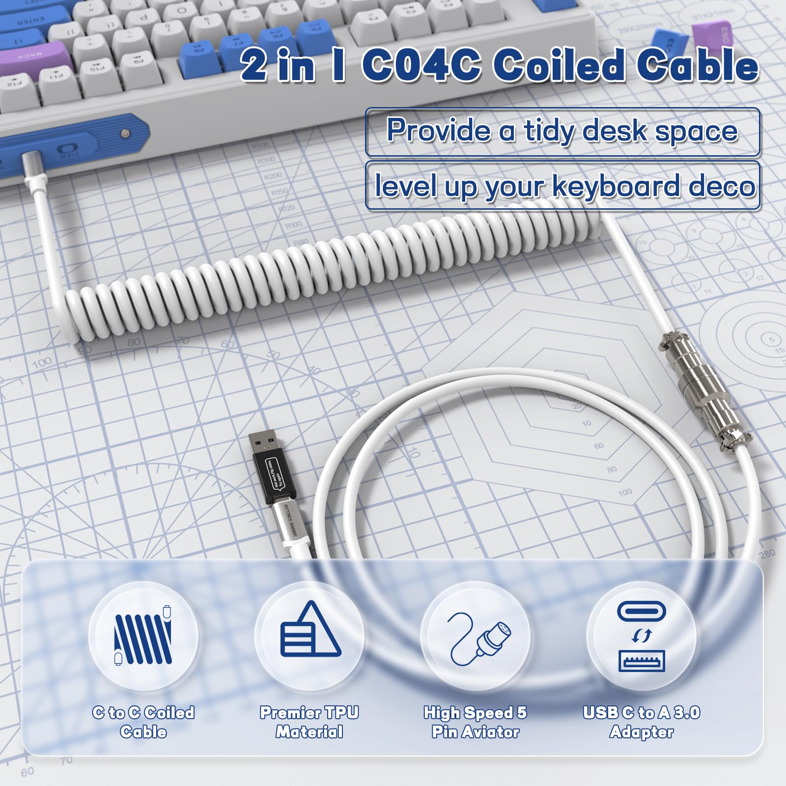 XINMENG Spiral Gaming Keyboard Cable - Extendable Custom TPU USB-C to USB-C Cable with Detachable Metal USB to USB-C Adapter for Mechanical Keyboards & Laptops - White | Perfect for Gaming Setups, Office Workstations & Travel Use