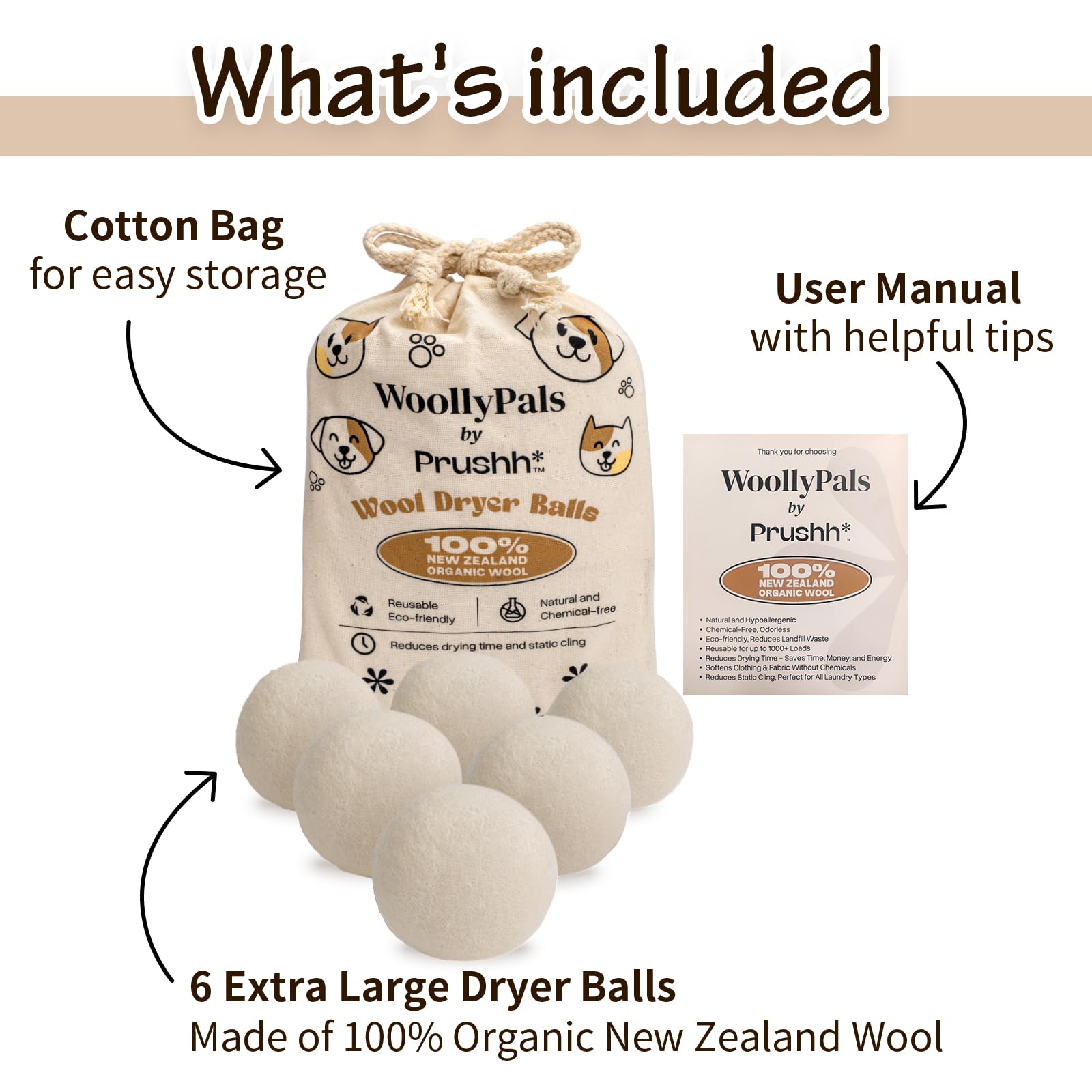 WoollyPals 100% New Zealand Wool Dryer Balls (6-Pack, XL Size) - Eco-Friendly Reusable Laundry Softener - Reduce Drying Time & Static Cling - Includes Storage Bag (Plain White) - Perfect for Organic Cotton, Baby Clothes & Sustainable Homes