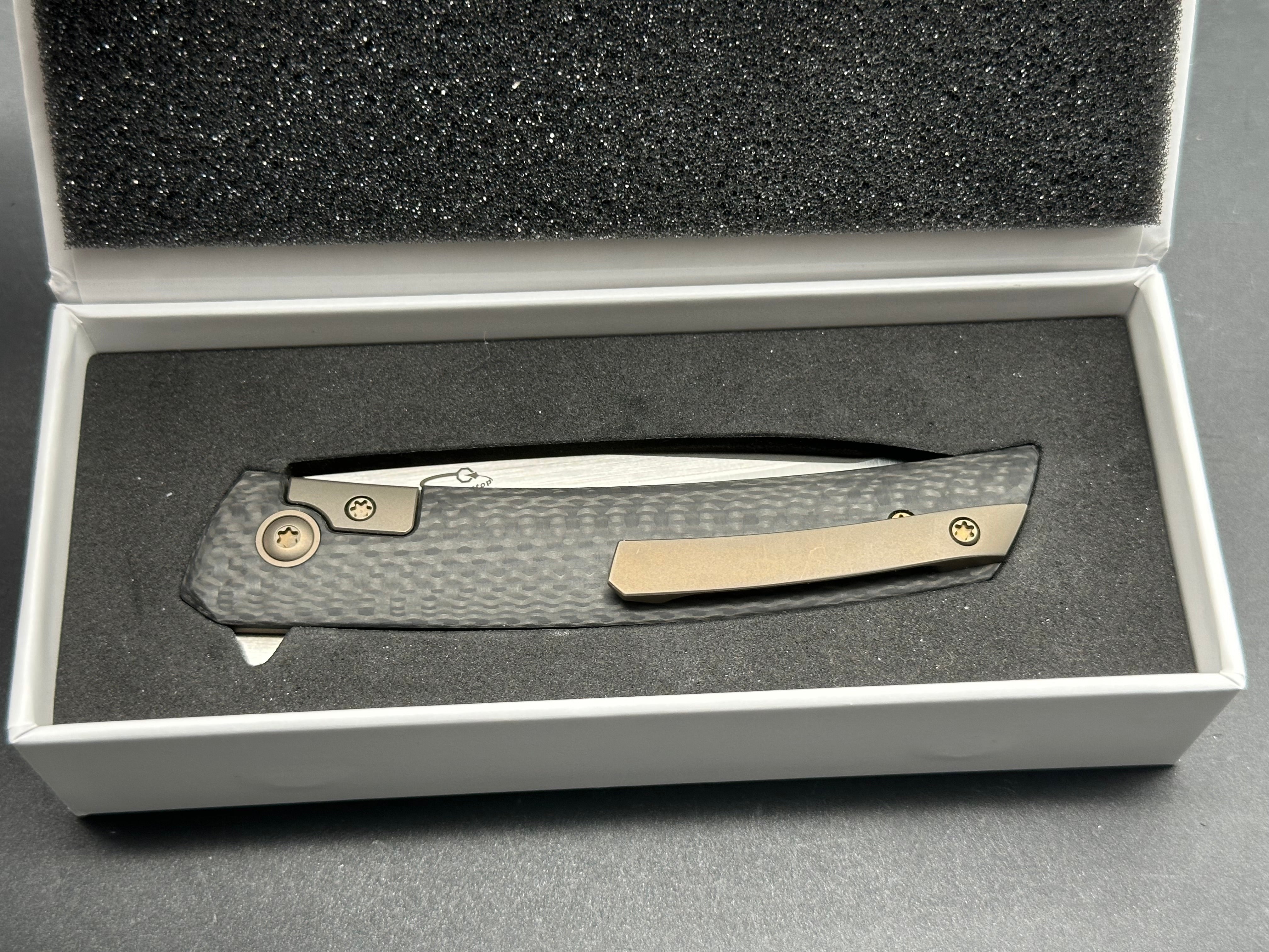 Jared Oeser F22 KickStop Flipper Knife - Premium M390 Steel Satin Blade with Carbon Fiber Handle - EDC, Tactical, Outdoor Survival & Camping Gear