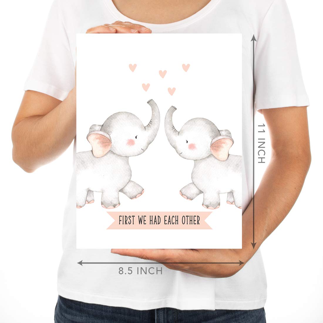 Kids Room Wall Art Decor - 3-Pack Unframed Nursery Posters (8.5x11 Inch) with Girl Elephant Graphic & Inspirational Quote 'First We Had Each Other Then You Now We Have Everything' - Perfect for Baby Shower Gifts, Children's Bedroom Decor & Playroom Wall Decor