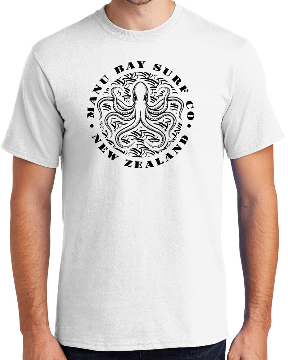 Manu Bay Surf Company Octopus Surfer Graphic T-Shirt for Tall Men - Soft Cotton Surf Tee for Beach, Surfing & Casual Wear