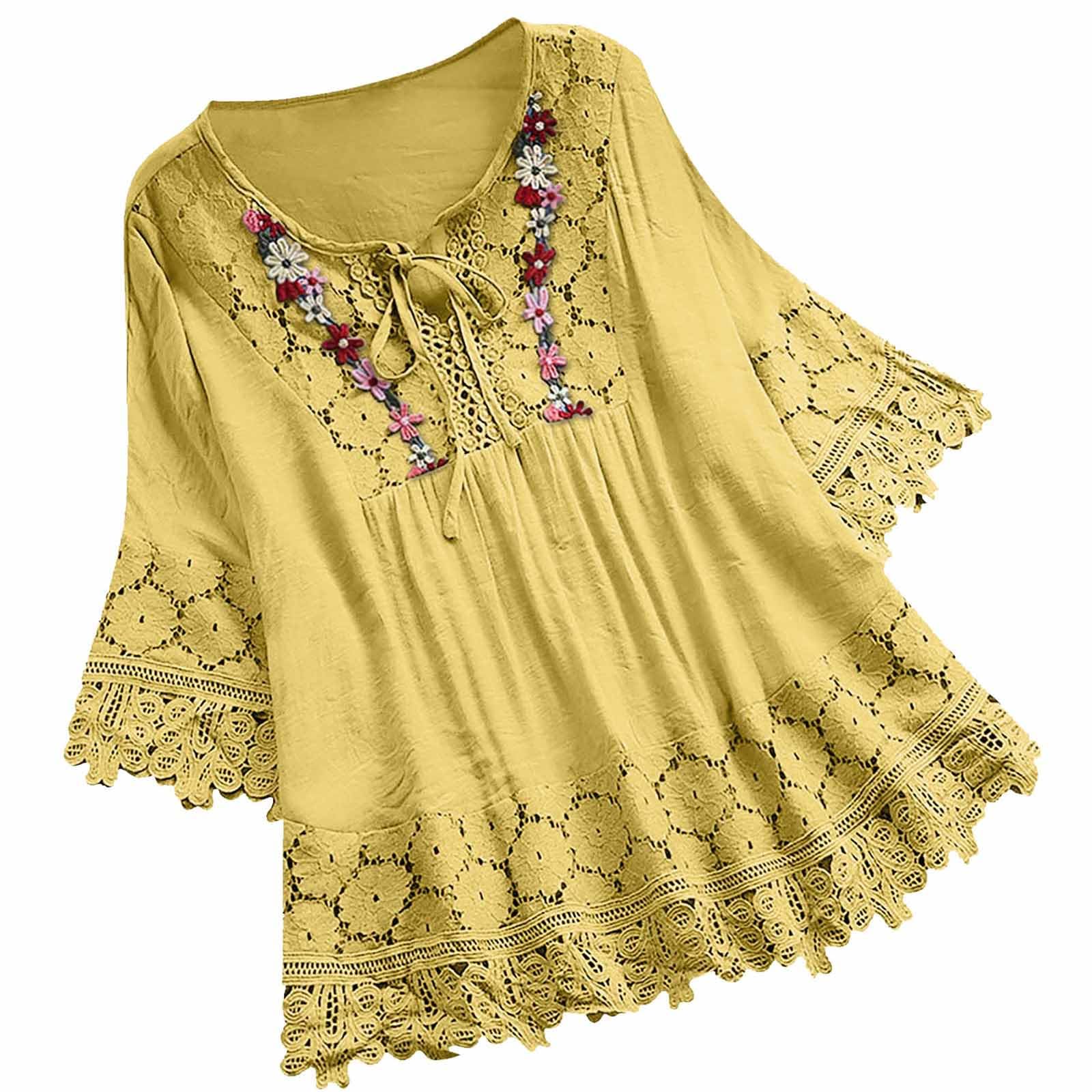 Fridja Women's Plus Size V-Neck 3/4 Sleeve Cotton Linen Blouse - Boho Elegant Floral Tunic Top for Casual Wear & Office Outfits