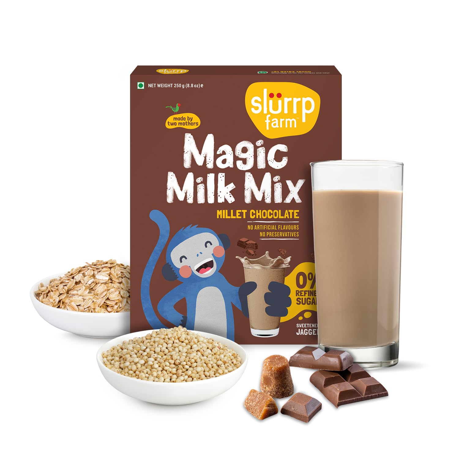Slurrp Farm No Sugar Chocolate Nutrition Powder Milk Mix - Sweetened with Jaggery Powder, Contains Jowar & Oats - 10 Essential Nutrients - 250g | Healthy Breakfast Drink for Kids & Adults | Perfect for Weight Loss & Energy Boost
