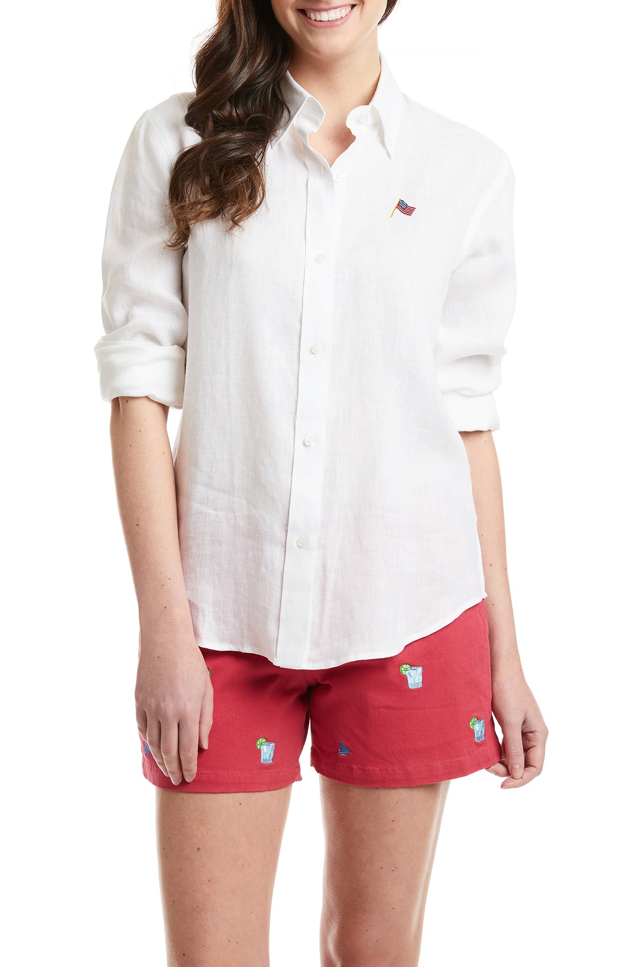 Women's White Linen Button Down Shirt with American Flag Design - Perfect for Casual Wear, Office Outfits & Patriotic Events