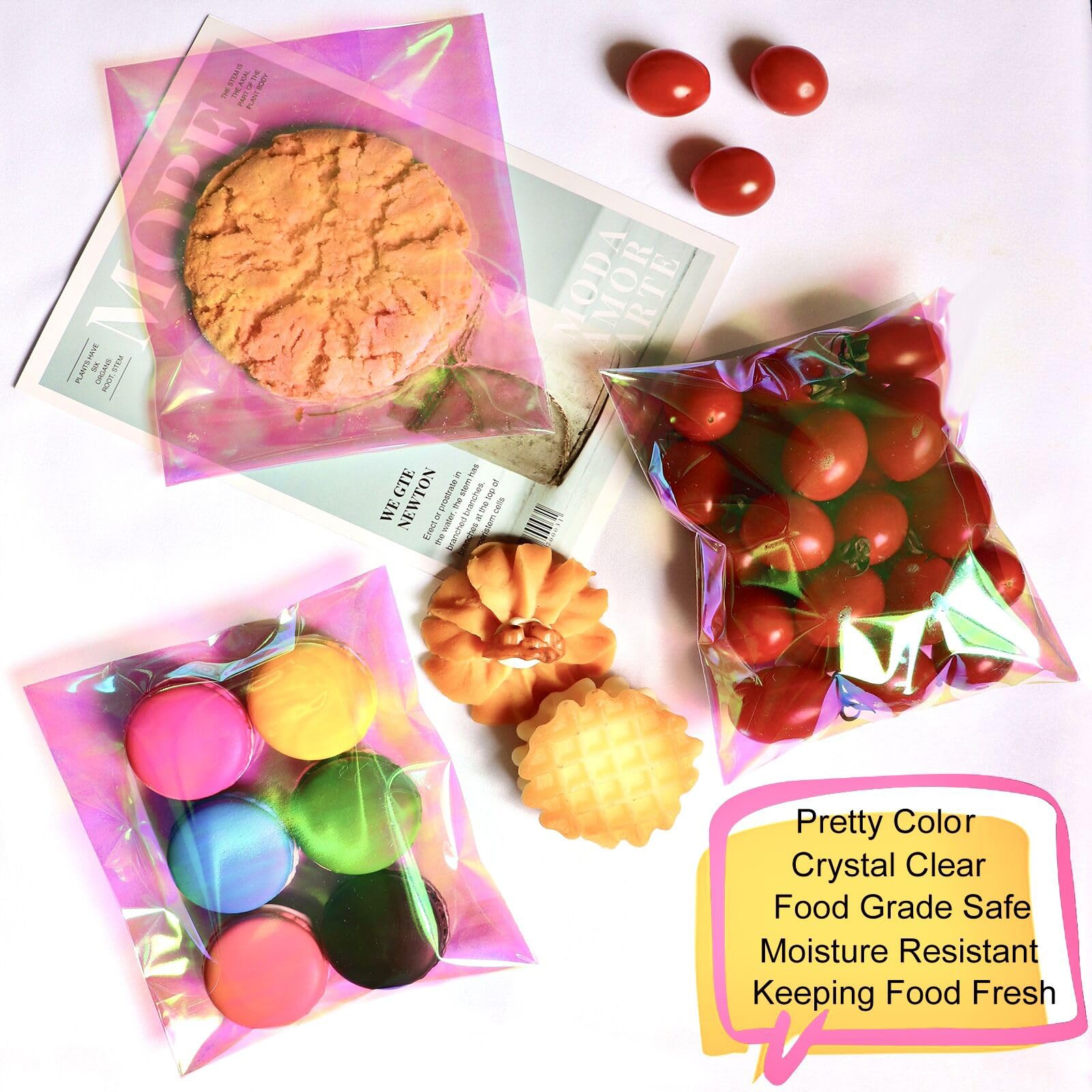 Self-Sealing Iridescent Cellophane Bags 5x6 Inches - 100 Pack Resealable Treat Bags for Cookies, Candies & Bakery Goods | Perfect for Gift Wrapping, Party Favors, Wedding Treats & Holiday Packaging