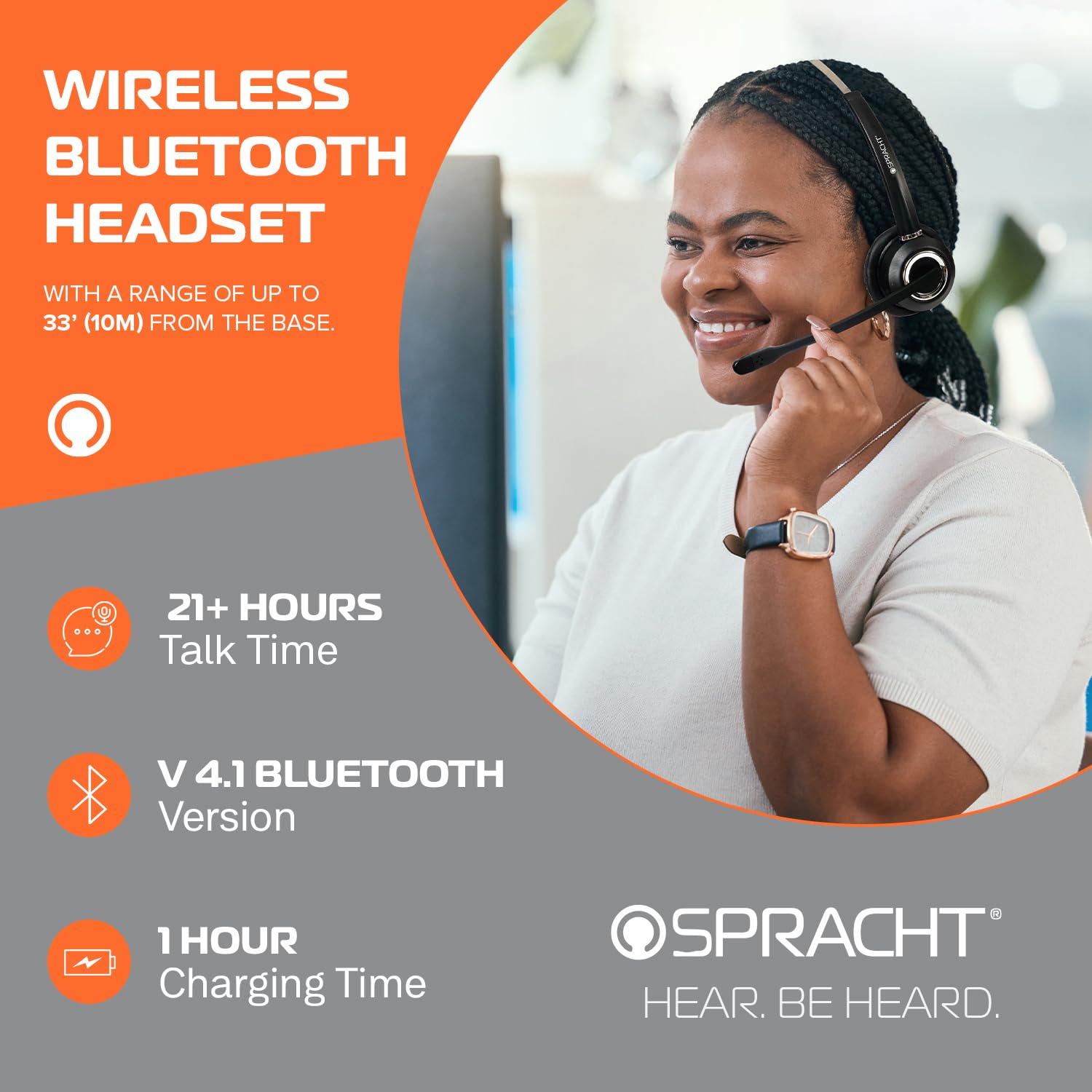 Spracht HS-2050 Single Ear Wireless Bluetooth Headset with Charging Base | Noise Cancelling Headphones with Mic for PC, Laptop, Work from Home, Skype, Zoom, Call Centers, Office & Truck Drivers - Perfect for Remote Work, Online Meetings & Professional Calls